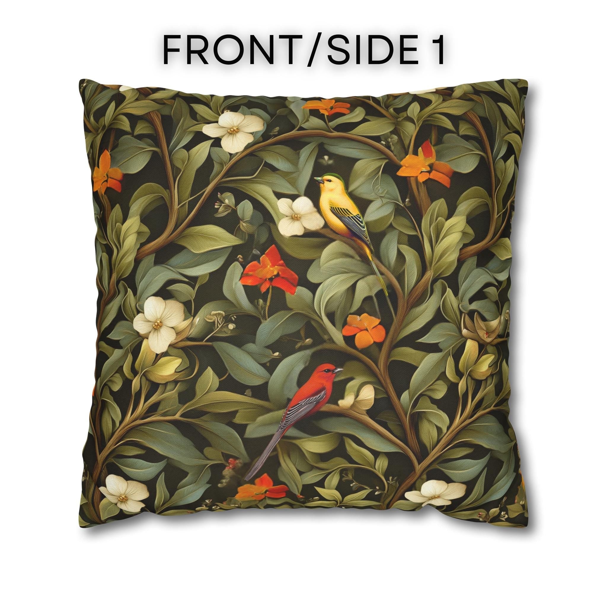 William Morris Inspired Autumn Songbird Pillow Cover: Olive and Pumpkin Arts & Crafts Heritage Design