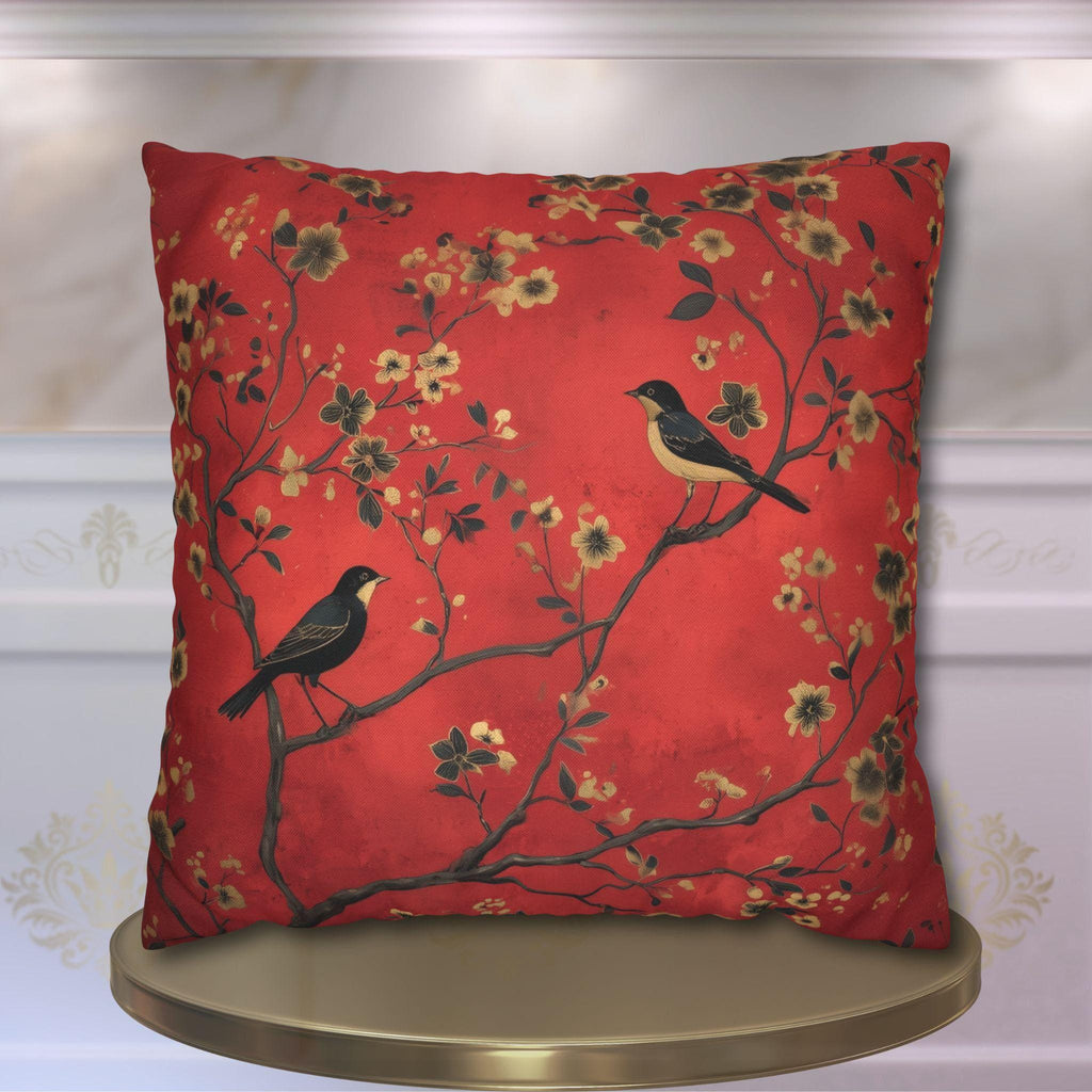 Chinoiserie Bird Pillow Cover: Crimson Floral Accent Cushion
