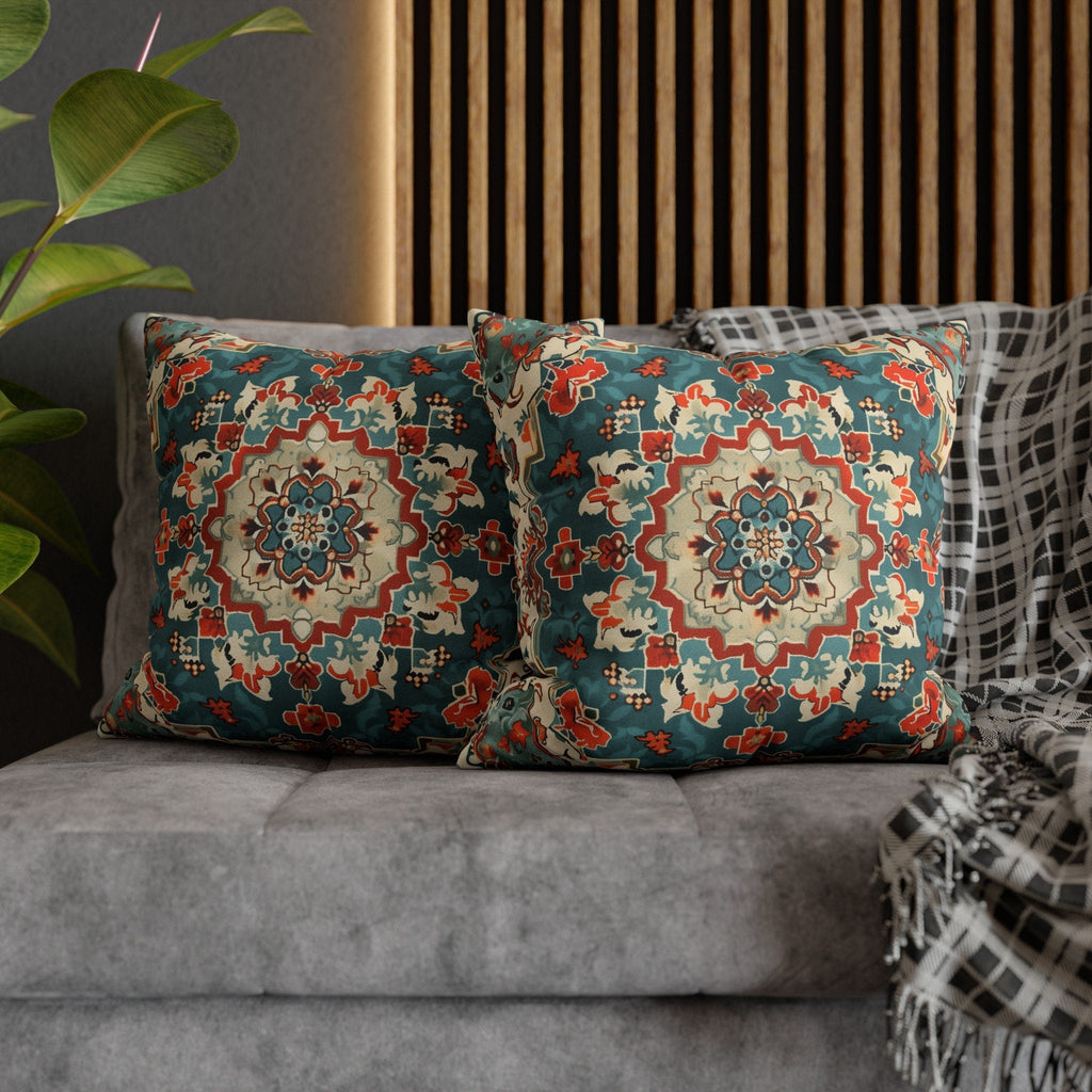 Traditional Turkish Kilim-Inspired Pillow Cover: Vibrant Teal Medallion Design Square Cushion