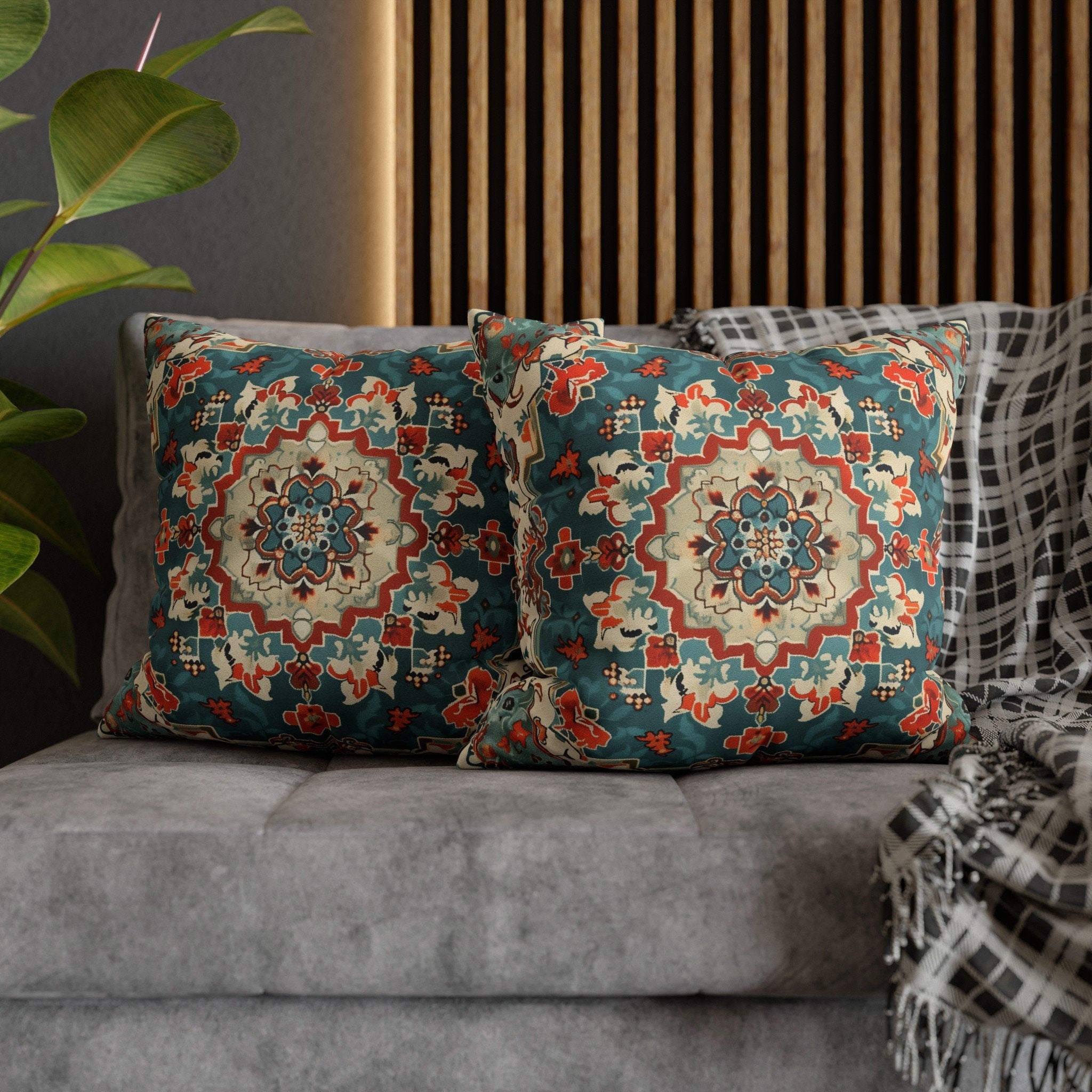Traditional Turkish Kilim-Inspired Pillow Cover: Vibrant Teal Medallion Design Square Cushion