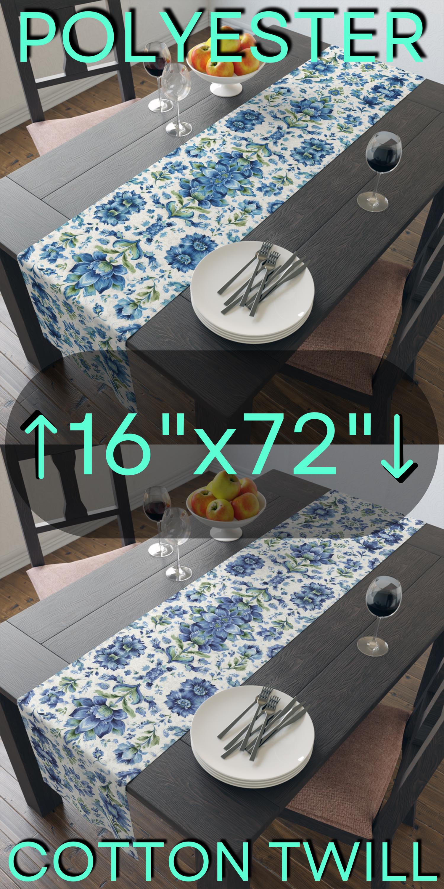 Jacobean Floral Table Runner: Blue-Green Vintage-Inspired Botanical Print for Elegant Dining Decor