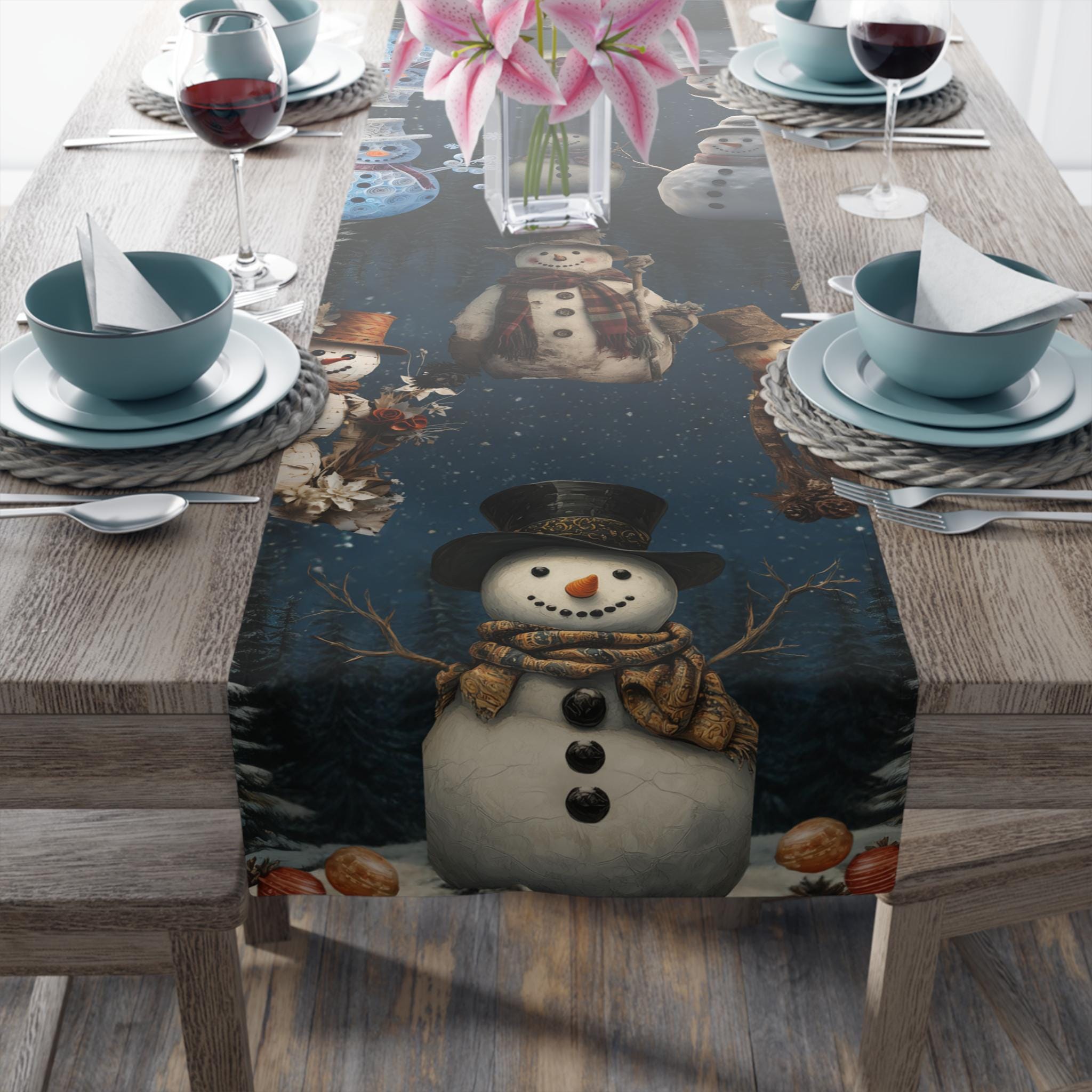 William Morris Inspired Snowman Table Runner: Vintage Style Charming Christmas Decor in Navy Blue