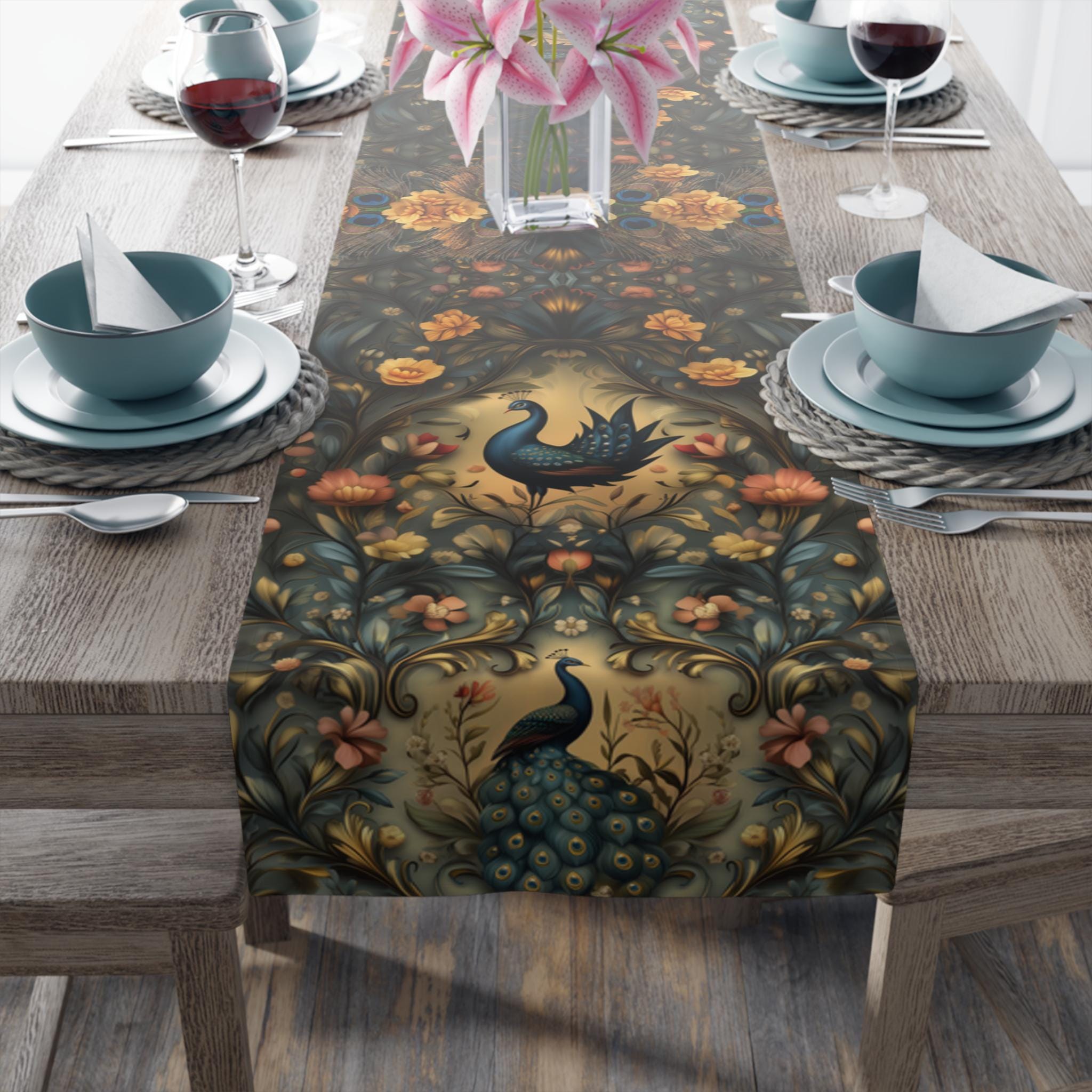 Elegant Peacock Garden Table Runner: Vintage-Inspired Botanical Dining Accent for Luxurious Home Decor