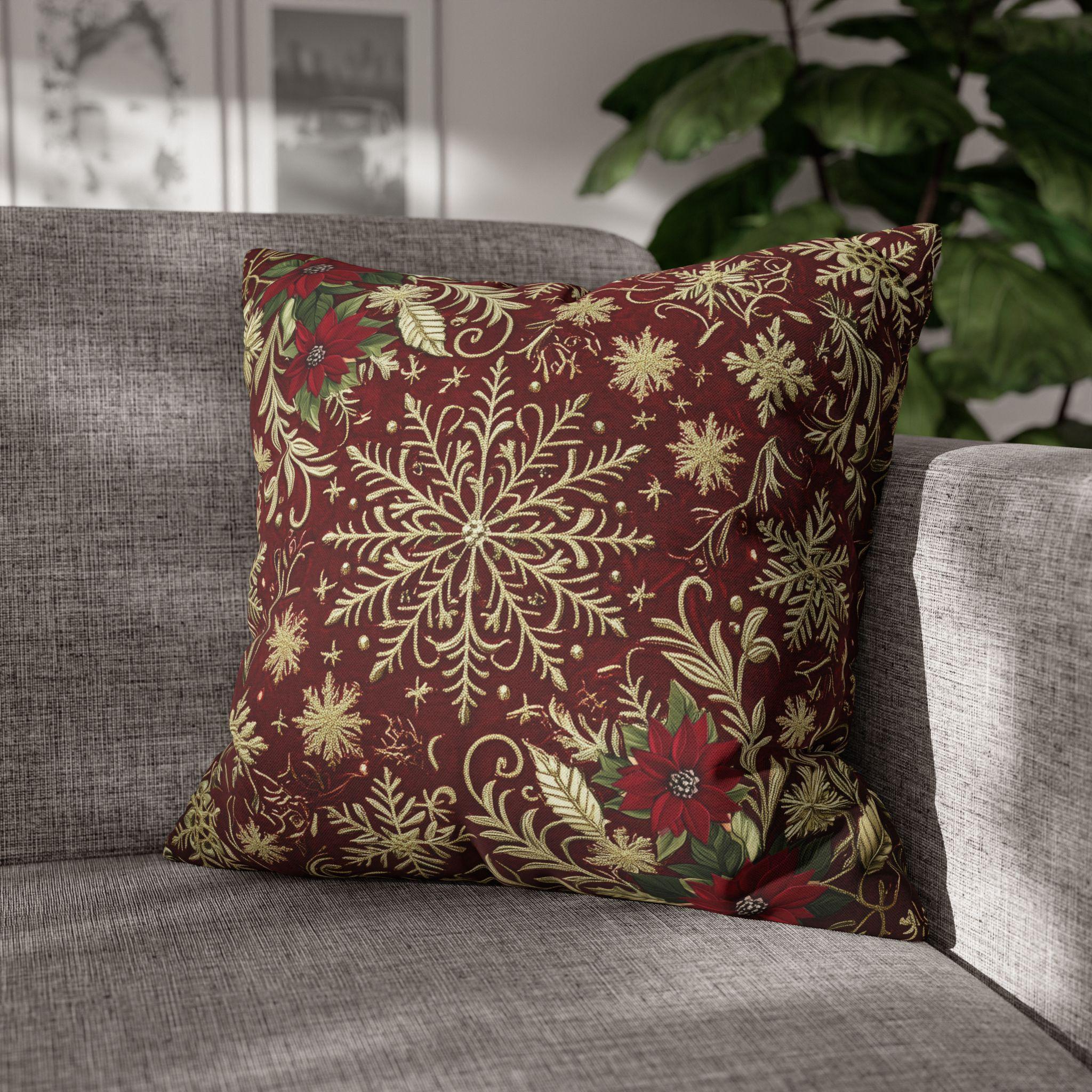 Christmas Snowflake Pillow Cover: Crimson Red Antique Gold with Deep Green Accents