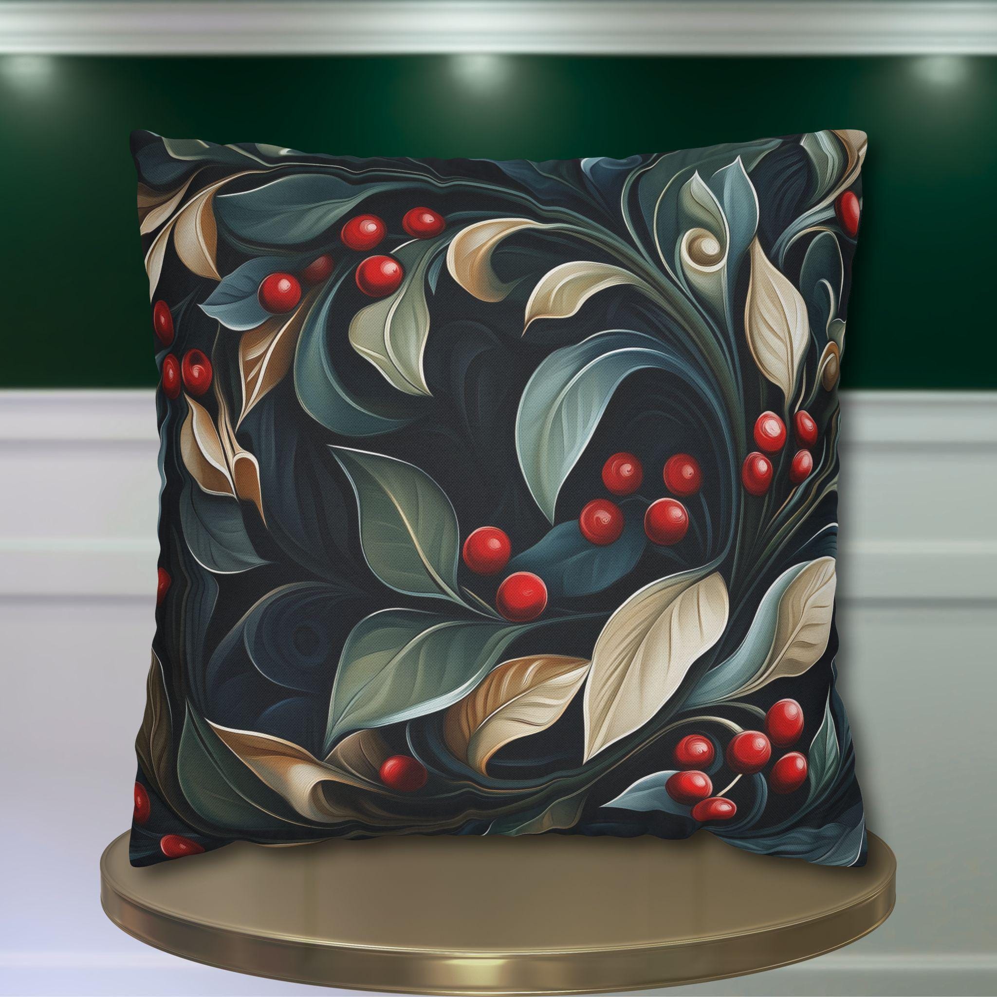 Christmas Botanical Square Pillowcase, Elegant Holly Leaves & Berries Design Cushion Cover