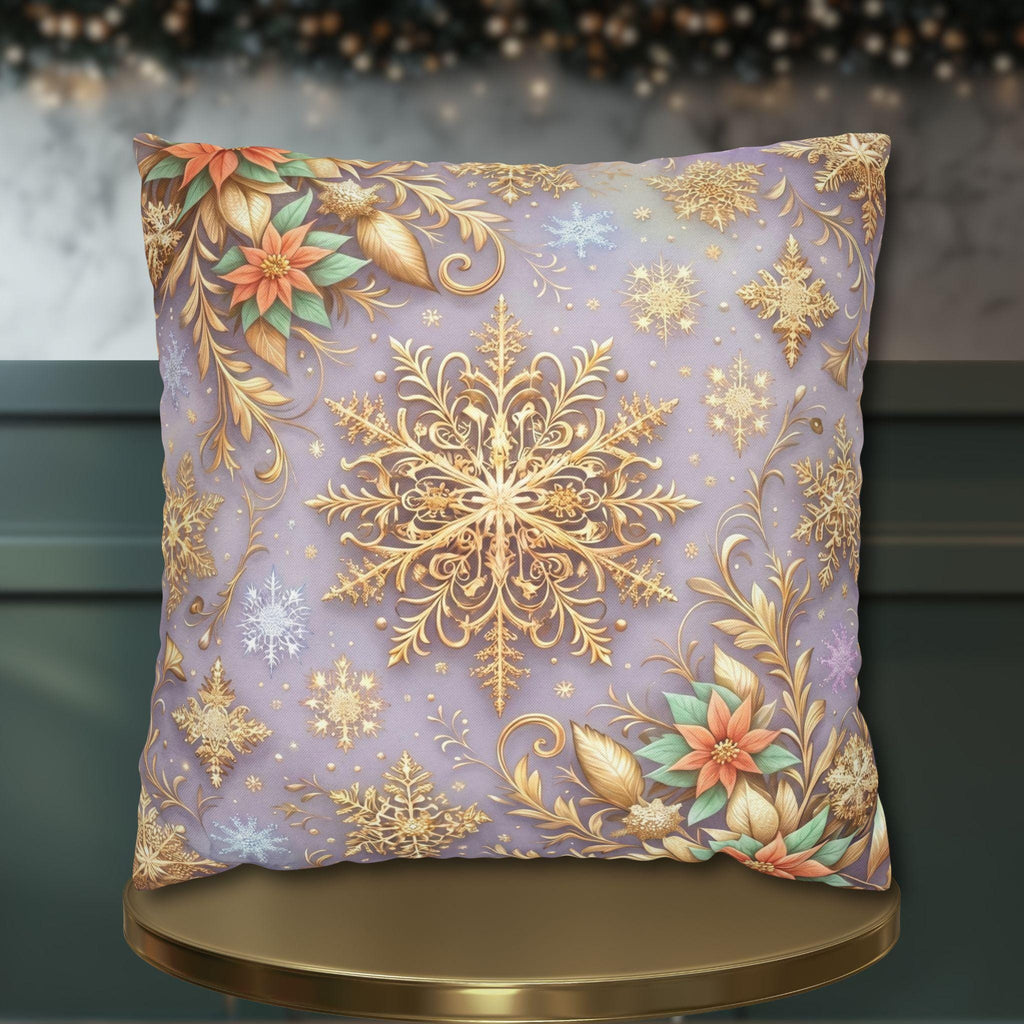 Pastel Christmas Pillow Cover: Gold Snowflake, Lilac Winter Decor, Frosted Poinsettia, Shabby Chic