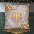 Pastel Christmas Pillow Cover: Gold Snowflake, Lilac Winter Decor, Frosted Poinsettia, Shabby Chic