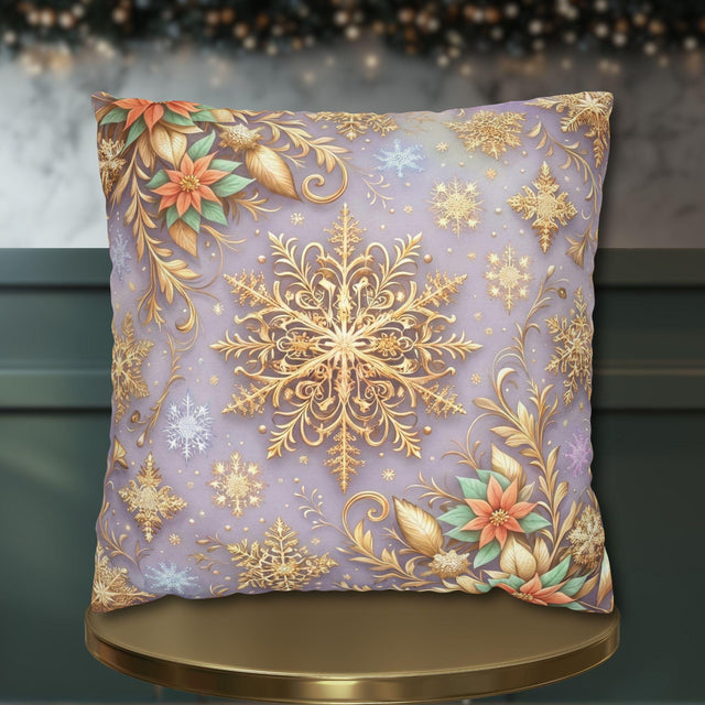 Pastel Christmas Pillow Cover: Gold Snowflake, Lilac Winter Decor, Frosted Poinsettia, Shabby Chic