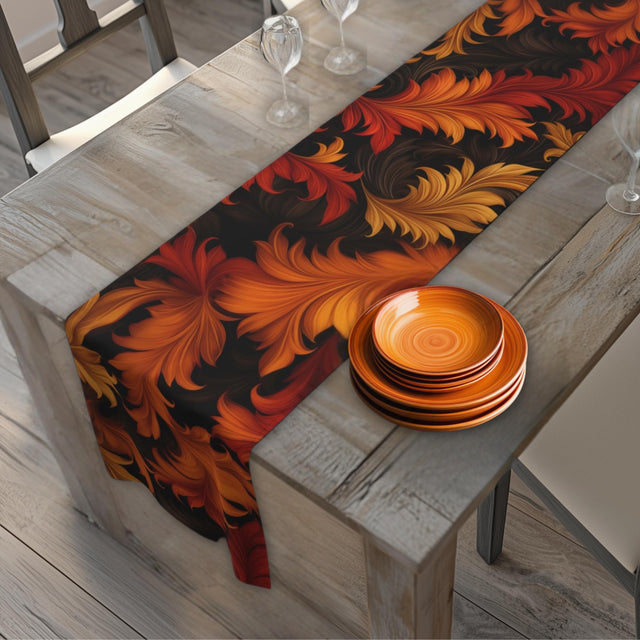Art Nouveau Fall Table Runner: Ember Orange Acanthus Leaves, Modern Autumn Decor