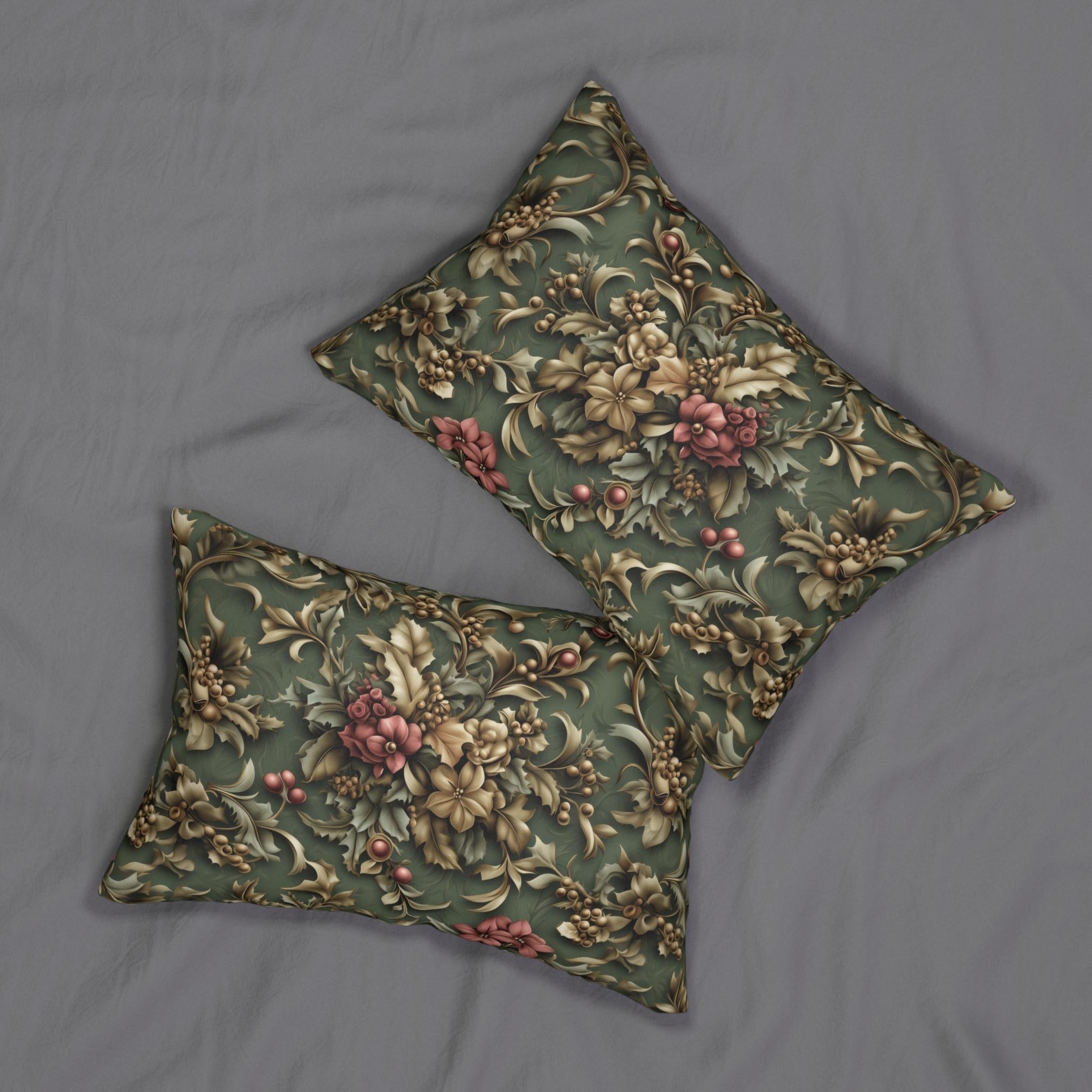 William Morris Inspired Holly & Poinsettia Christmas Lumbar Pillow: Deep Pine Sage, Brassy  Gold, Cranberry