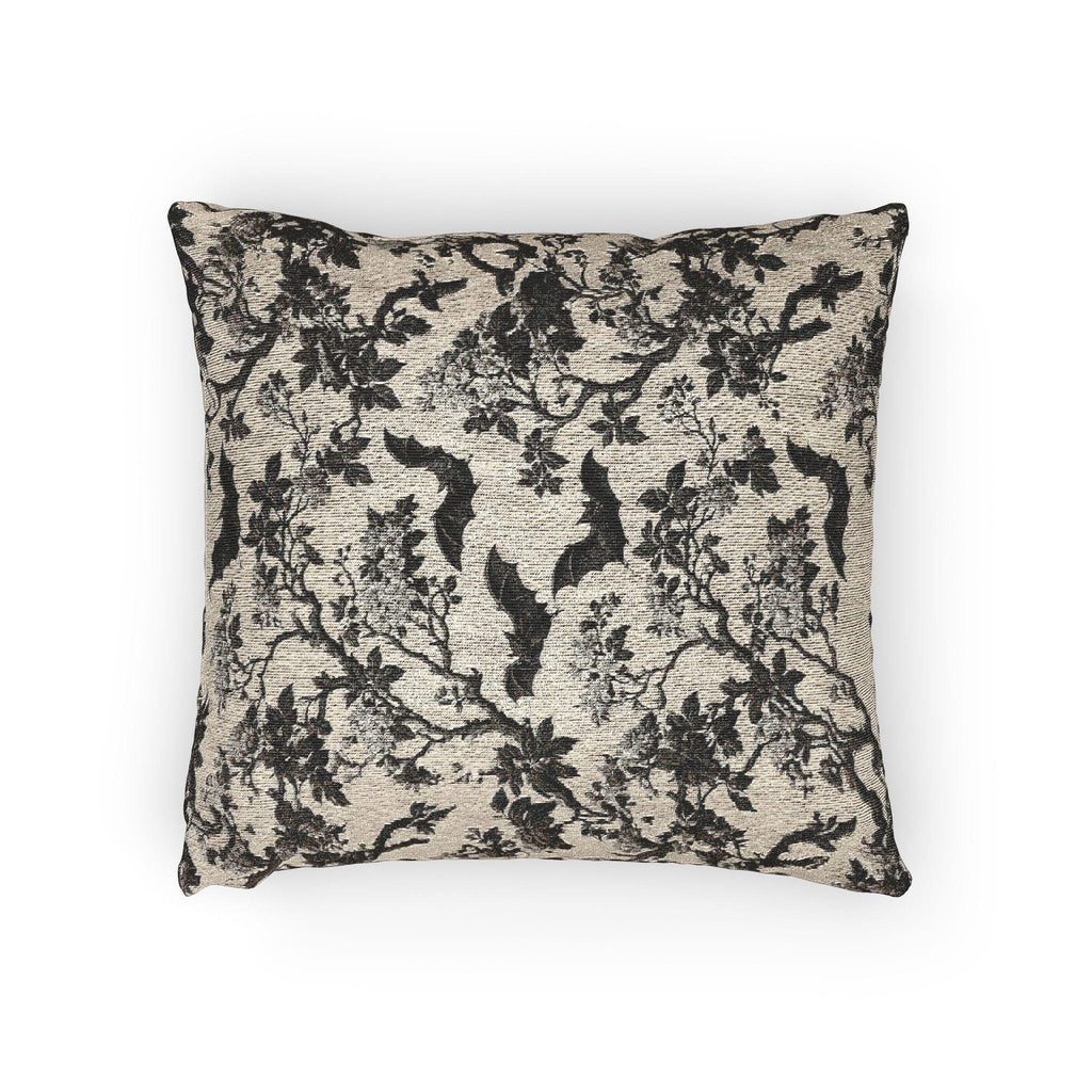Chinoiserie Five Bats Woven Throw Pillow: Black and Cream Halloween Floral