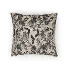 Chinoiserie Five Bats Woven Throw Pillow: Black and Cream Halloween Floral