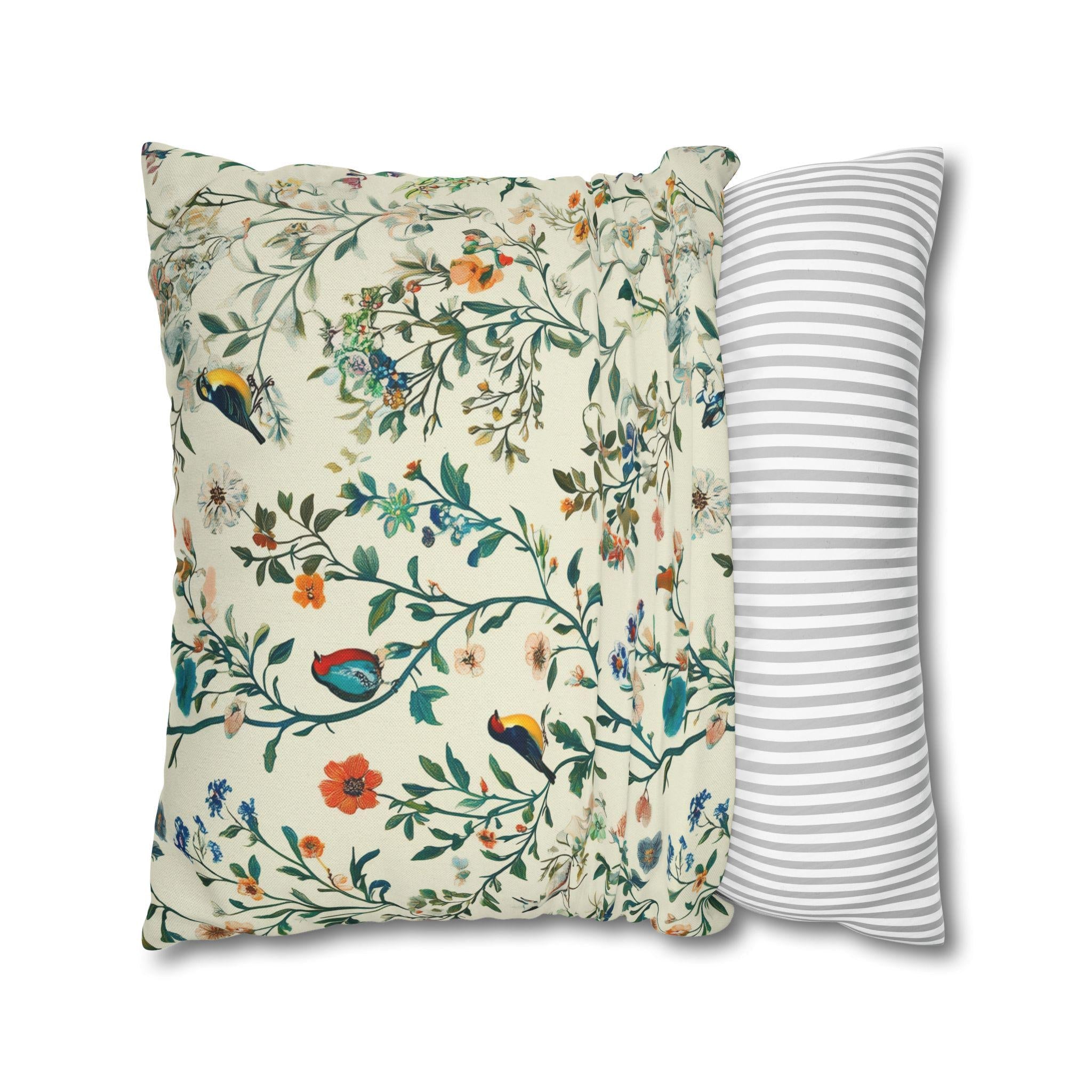Vintage Chinoiserie Bird Pillow Cover: Cream Floral Botanical Cushion