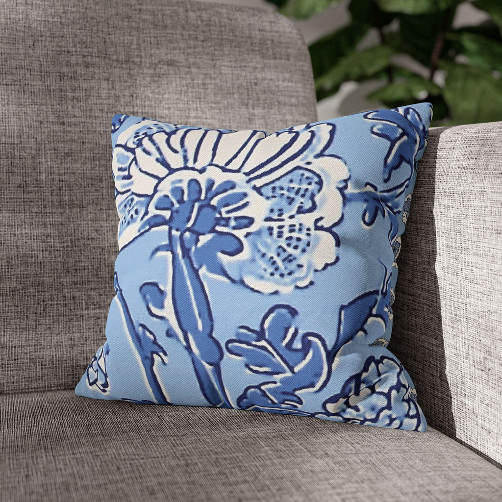 Elegant Chinoiserie Floral Pillowcase: Blue & White Square Cushion Cover for Home Decor