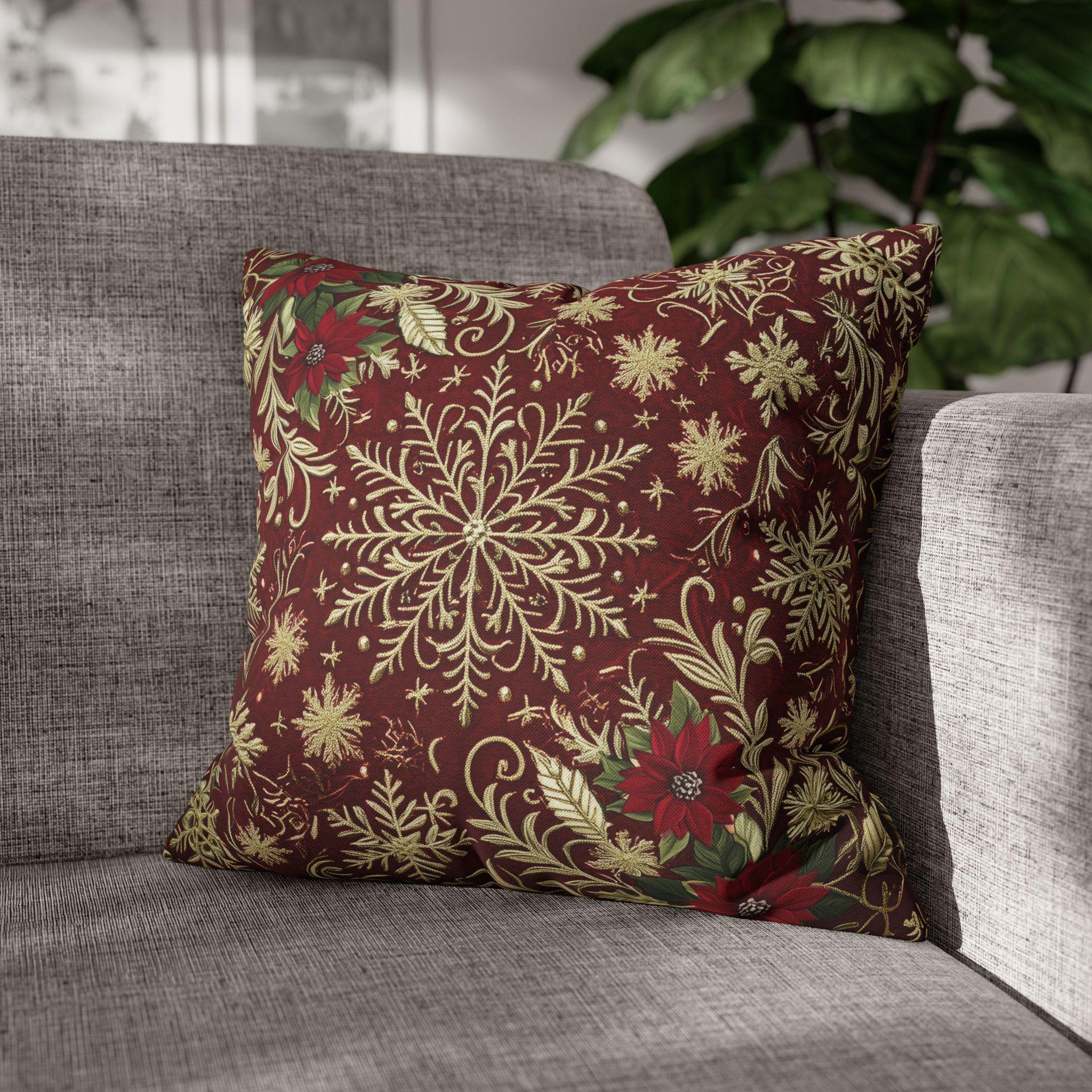 Christmas Snowflake Pillow Cover: Crimson Red Antique Gold with Deep Green Accents