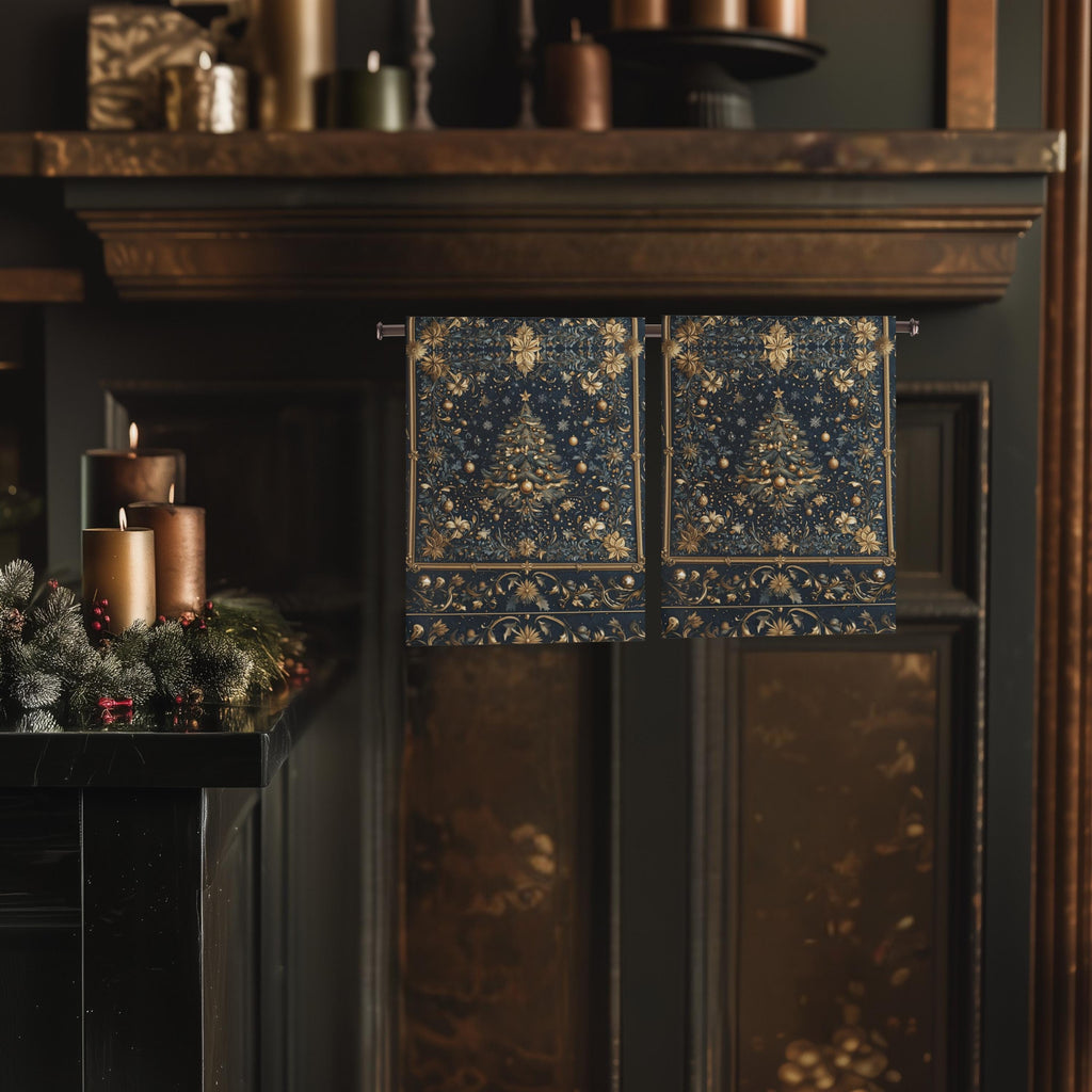 William Morris Inspired Christmas Tree Tea Towel: Gold & Navy Holiday Hand Towel