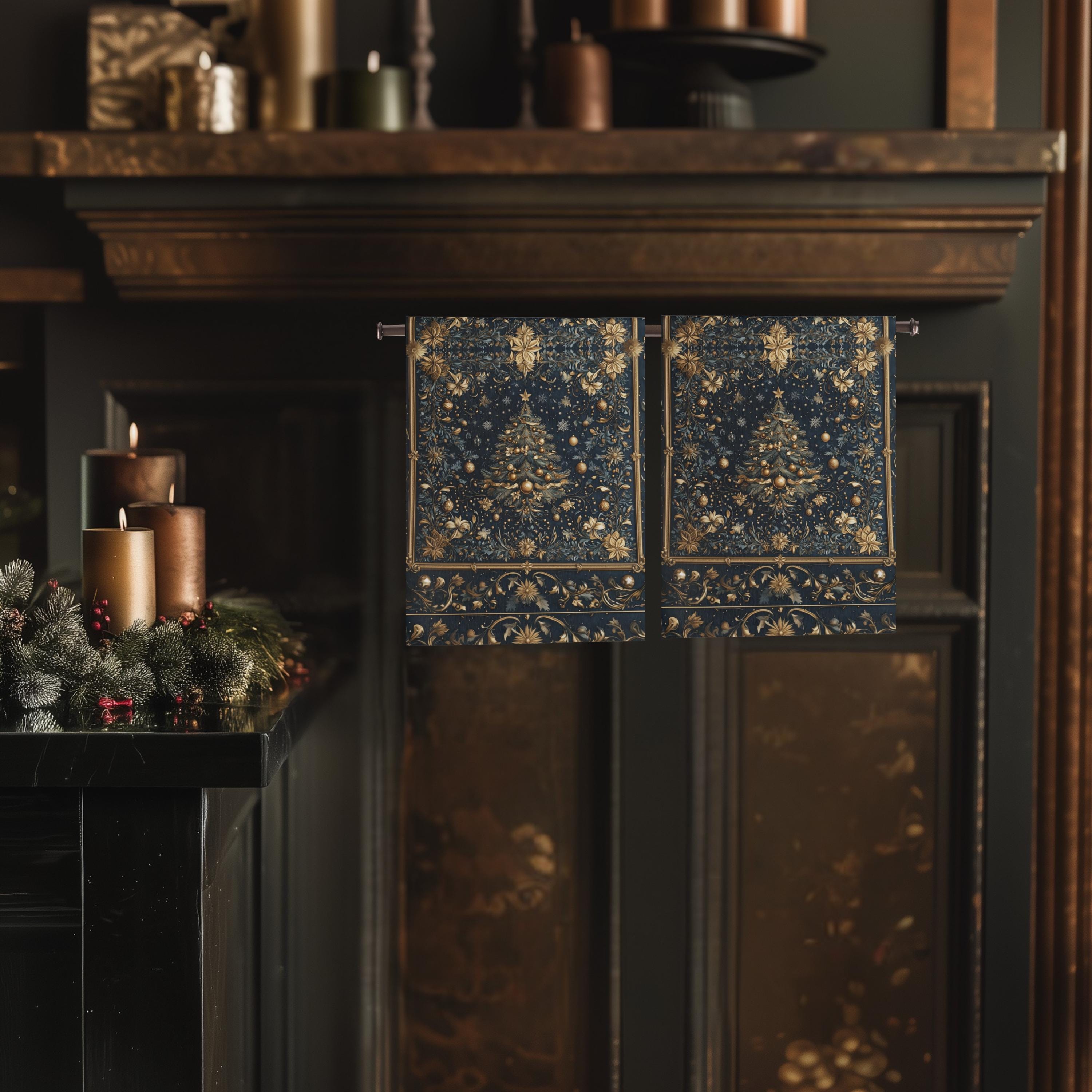William Morris Inspired Christmas Tree Tea Towel: Gold & Navy Holiday Hand Towel