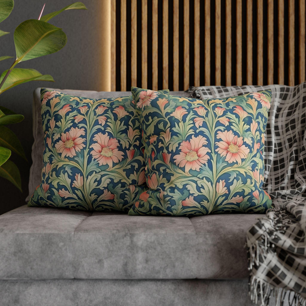 William Morris Pimpernel-Inspired Pillow Cover: Modern Blue & Coral Pink Botanical