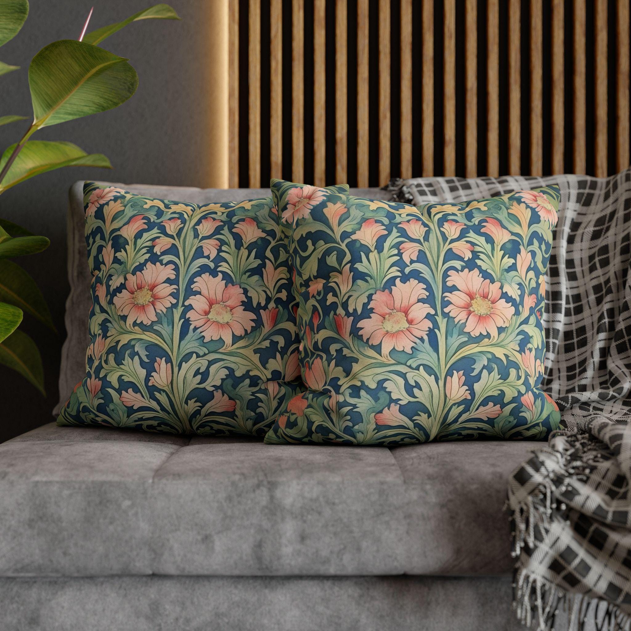 William Morris Pimpernel-Inspired Pillow Cover: Modern Blue & Coral Pink Botanical