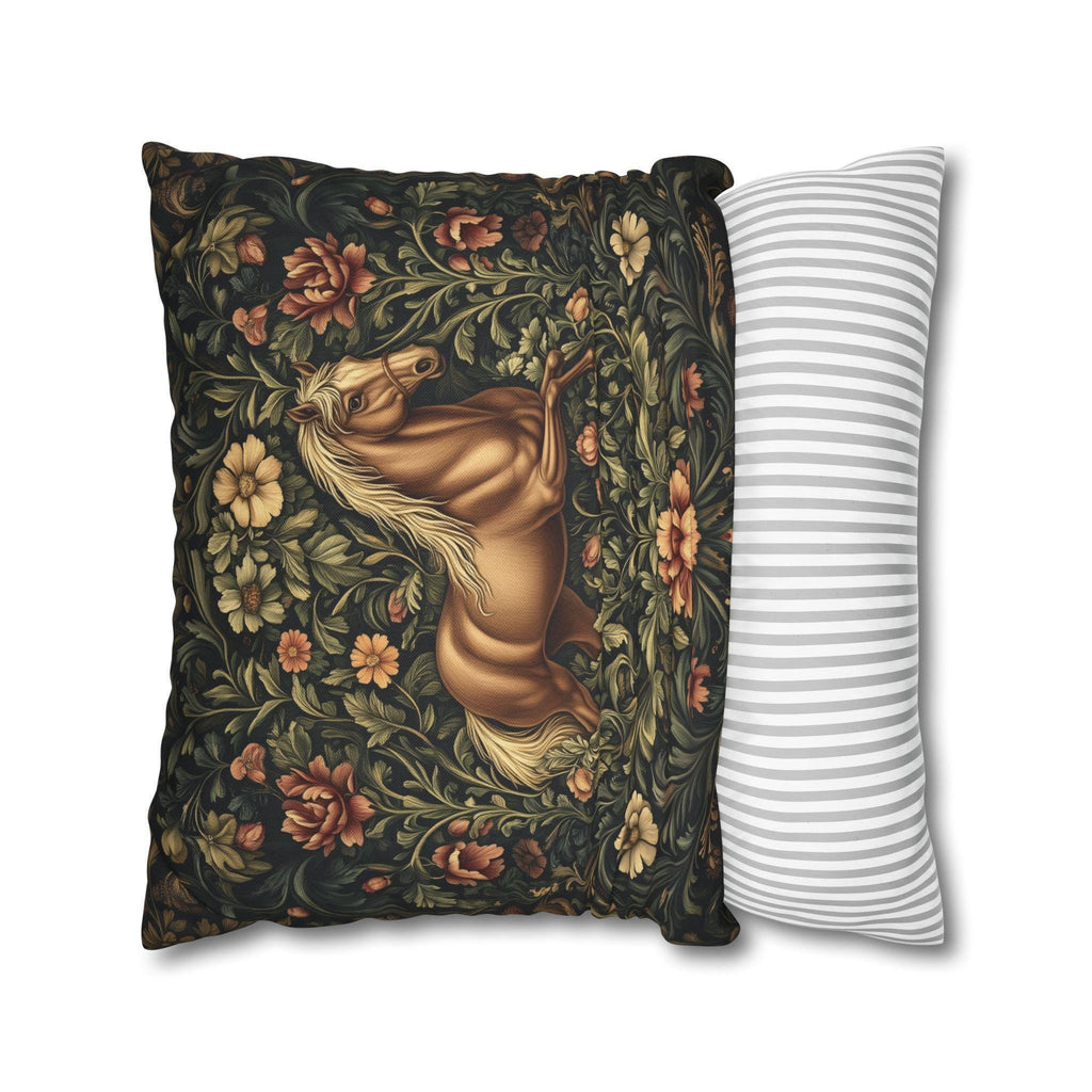 Elegant Equestrian Pillow Cover: William Morris Inspired Botanical Floral Design with Golden Horse Motif