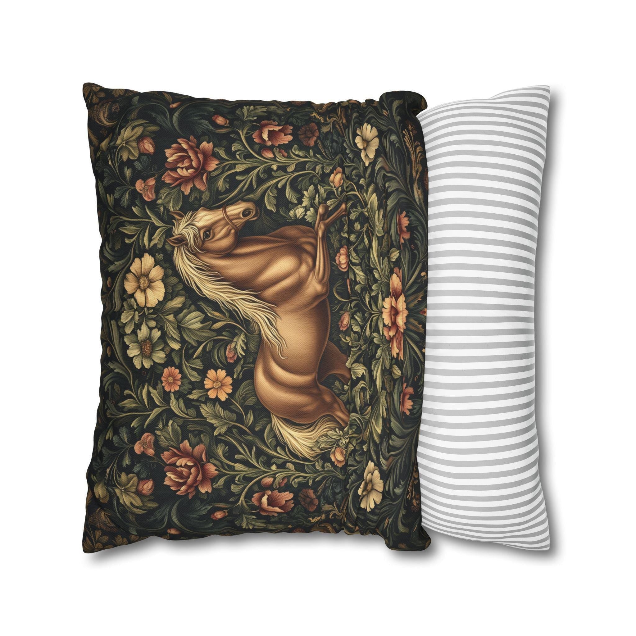 Elegant Equestrian Pillow Cover: William Morris Inspired Botanical Floral Design with Golden Horse Motif