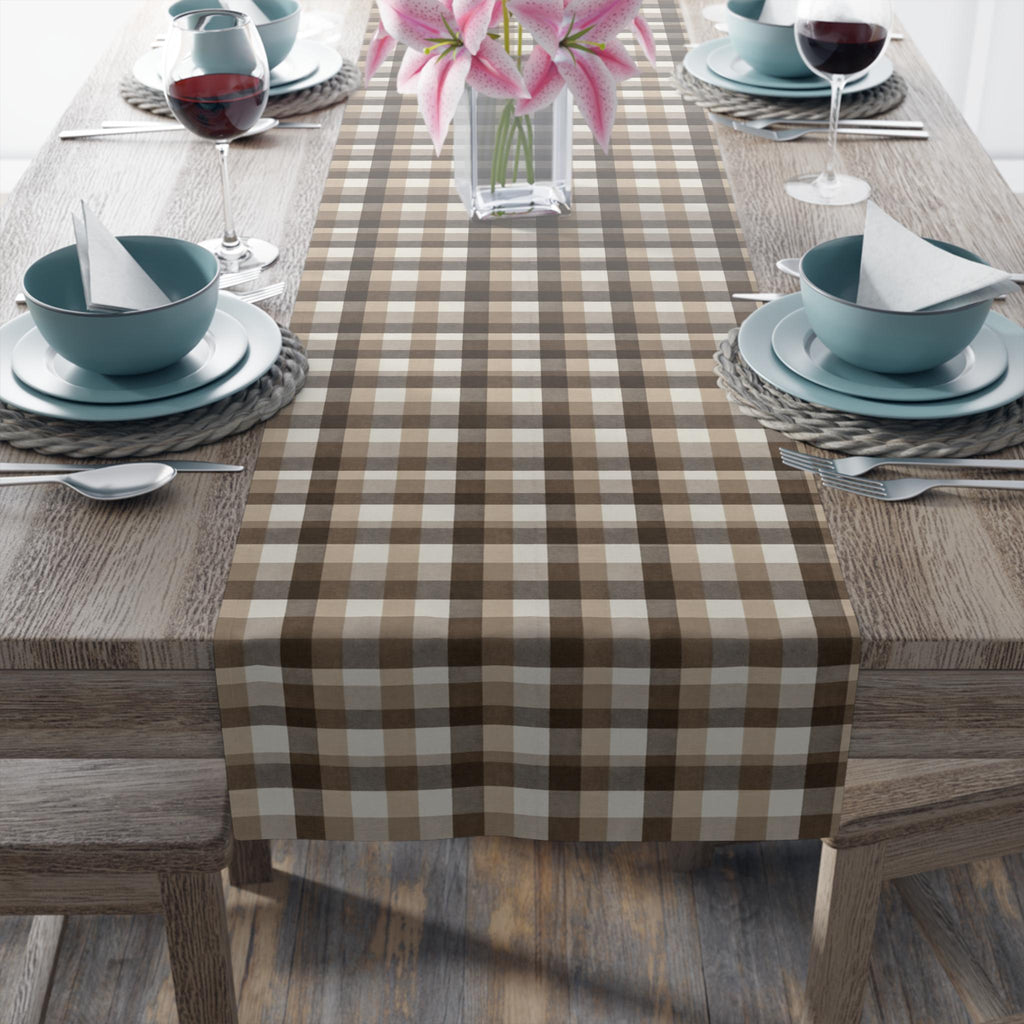 Neutral Brown Gingham Plaid Table Runner: Farmhouse Buffalo Check Accent