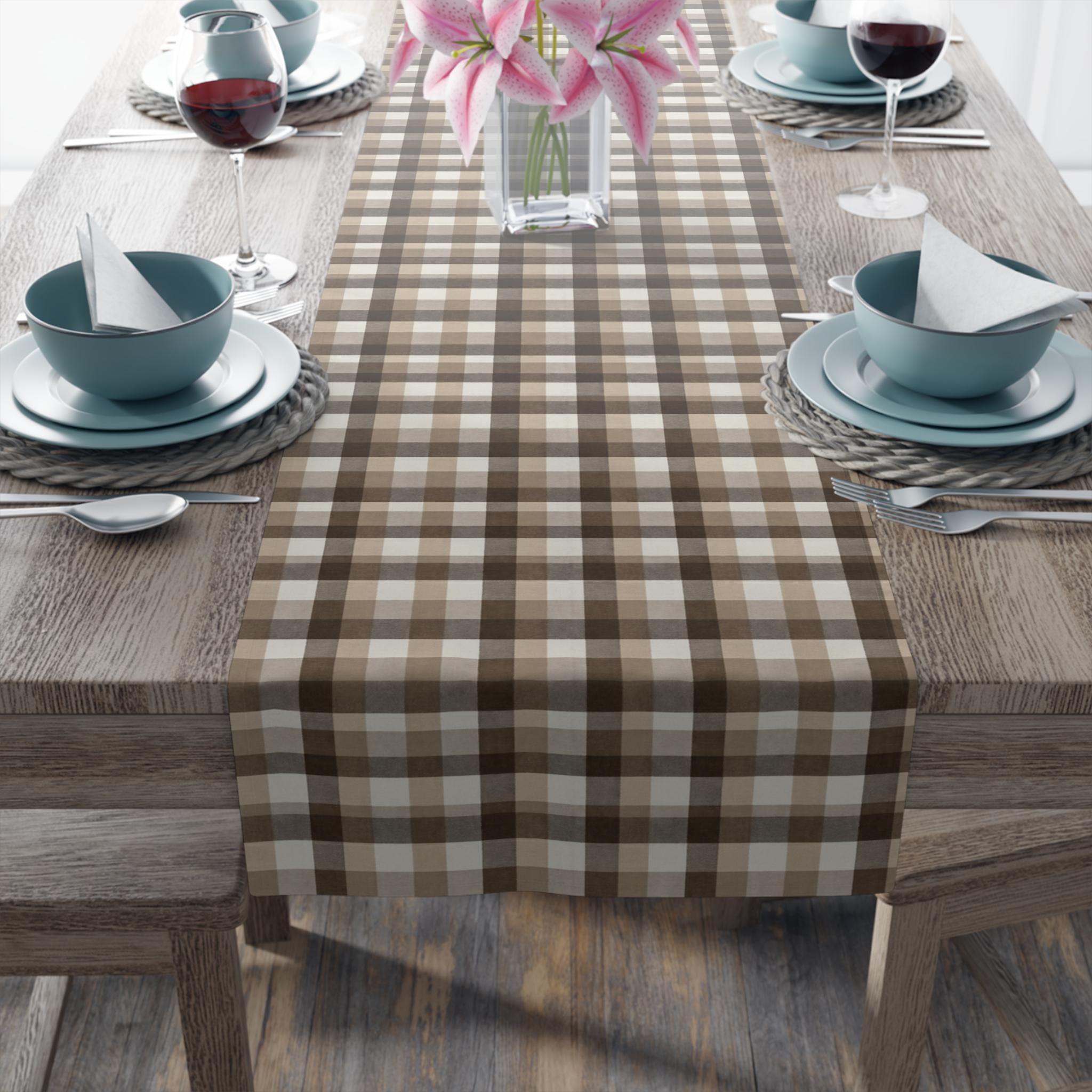 Neutral Brown Gingham Plaid Table Runner: Farmhouse Buffalo Check Accent