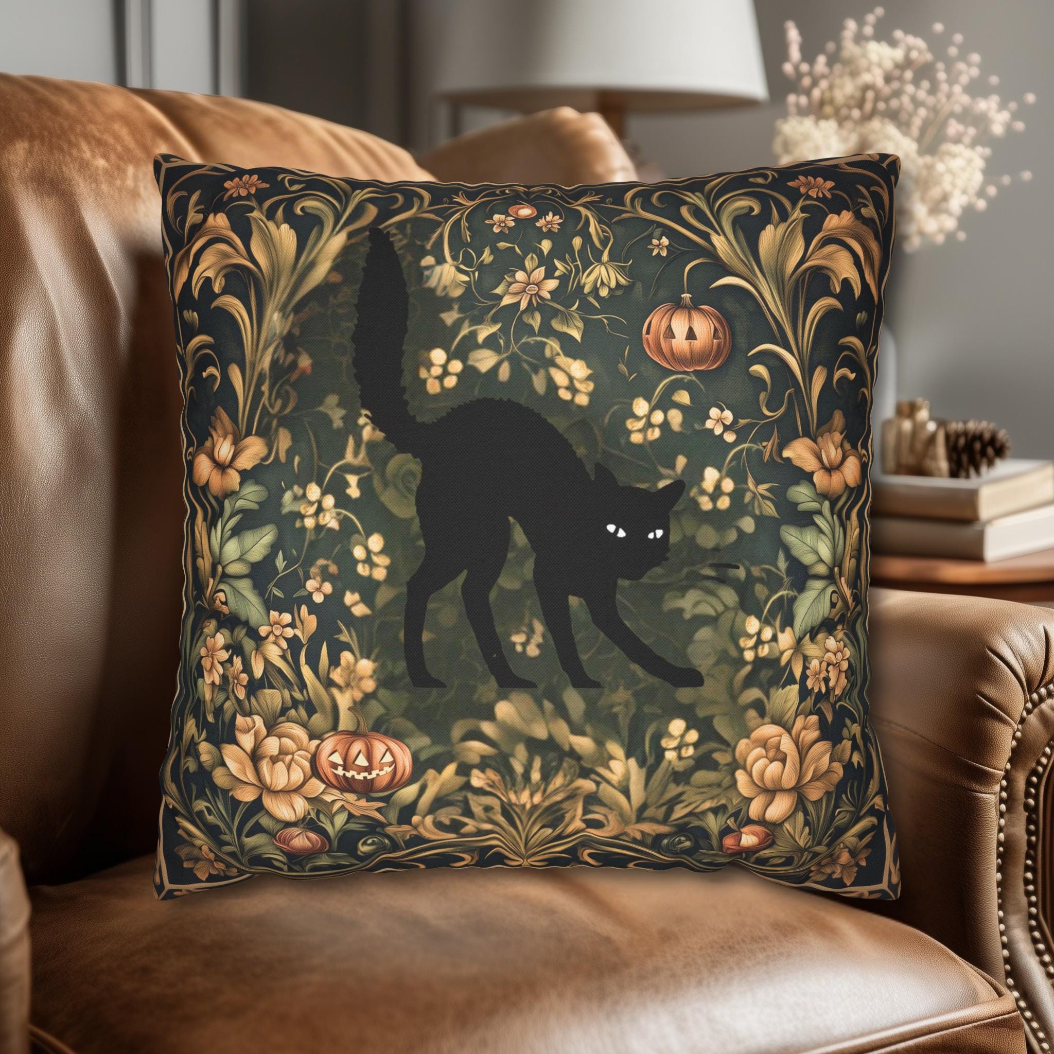 William Morris Inspired Fall Pillow Cover: Black Cat Halloween Botanical Decor