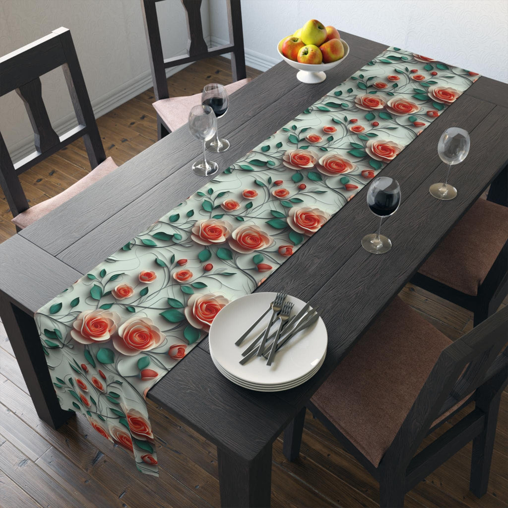 Red Coral Rose Table Runner: Romantic Floral Dining Decor