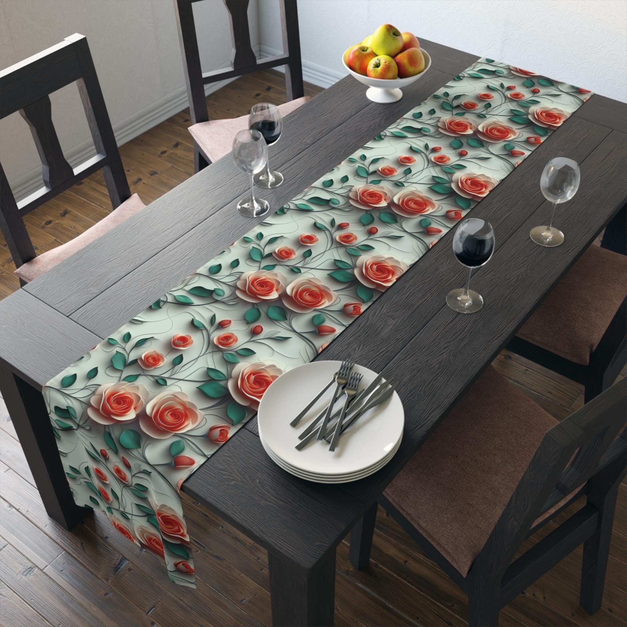 Red Coral Rose Table Runner: Romantic Floral Dining Decor