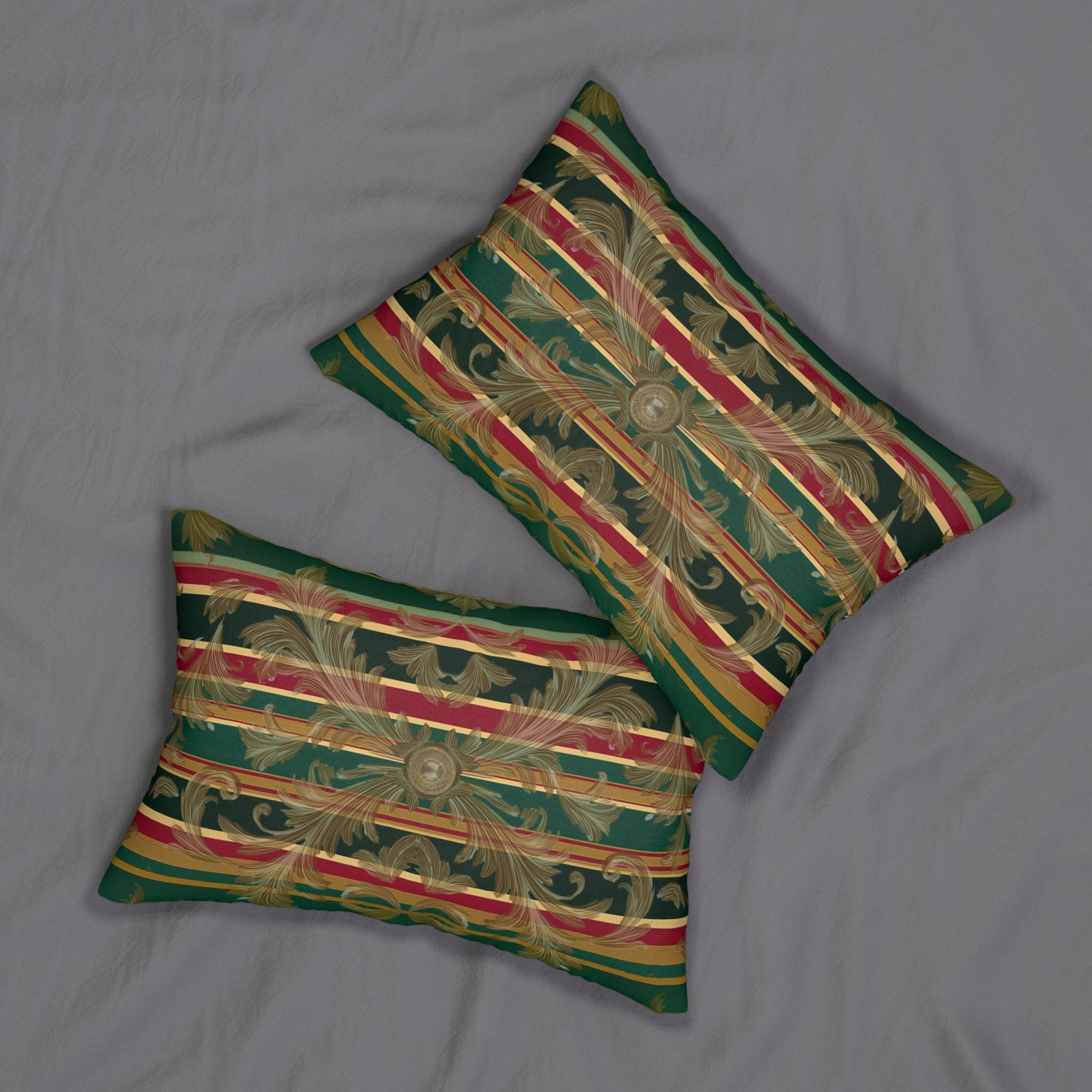 Gold Damask Christmas Lumbar Pillow: Emerald Tartan Bands and Medallion Accent