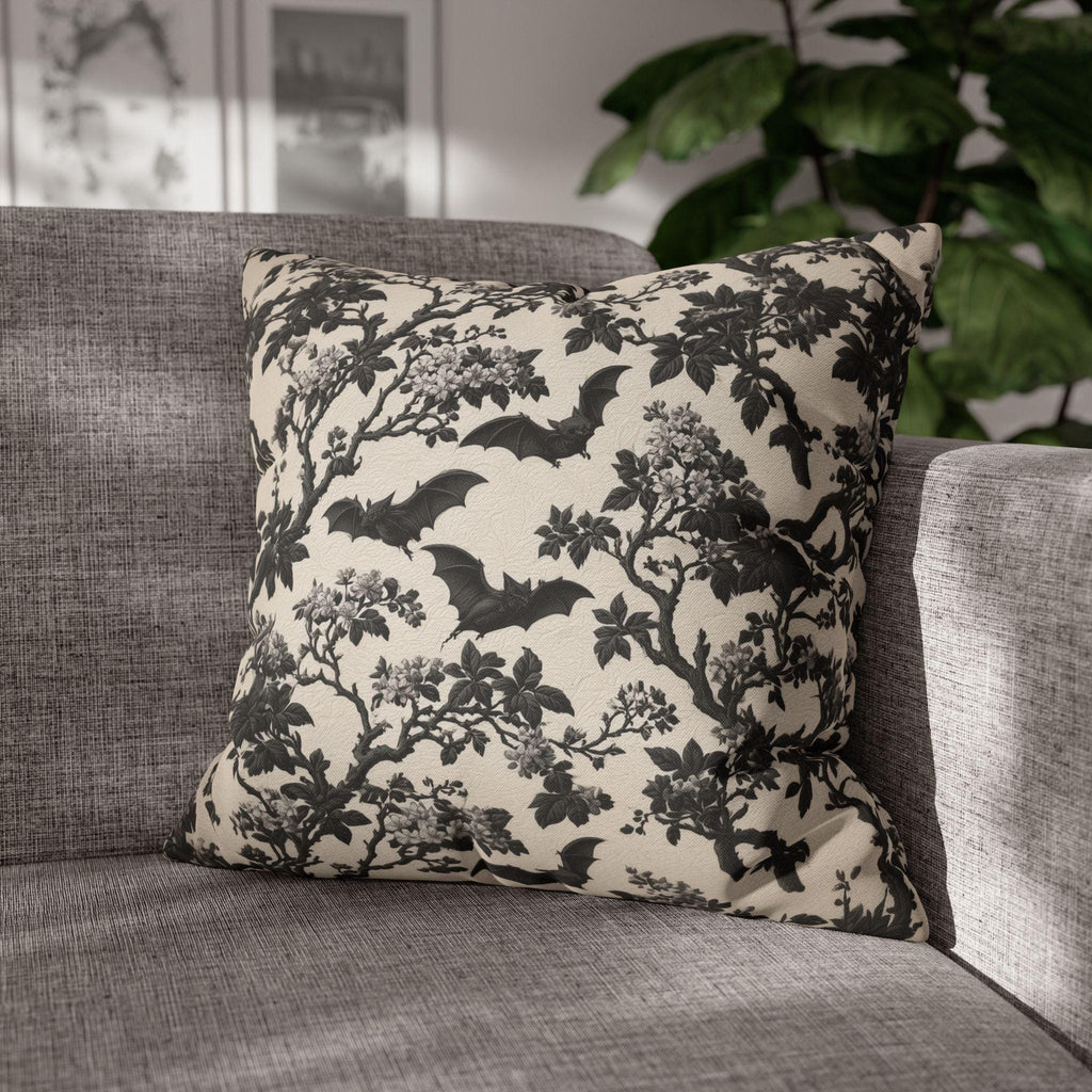 Chinoiserie Five Bats Pillow Cover: Black and Cream Halloween Floral