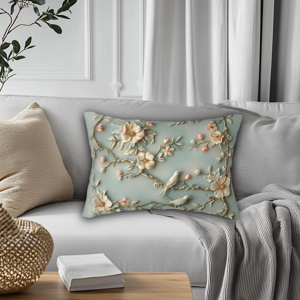Serene Chinoiserie Lumbar Pillow: Pastel Blue-Green Birds & Blooms 3D Nature-Inspired Accent Cushion
