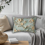 Serene Chinoiserie Lumbar Pillow: Pastel Blue-Green Birds & Blooms 3D Nature-Inspired Accent Cushion