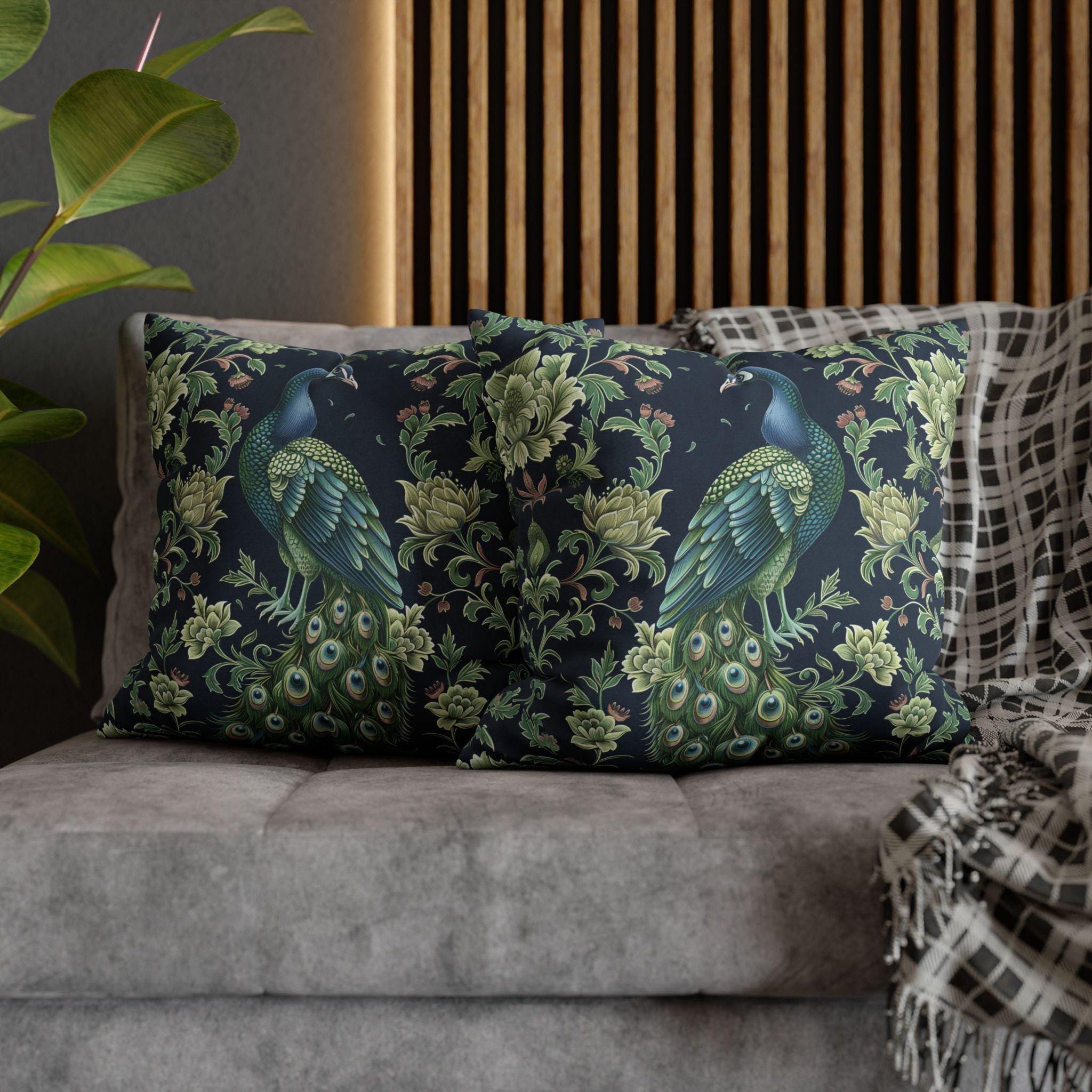 Peacock and Floral Pillow Cover | Elegant Navy Blue Background | Nature-Inspired Home Decor