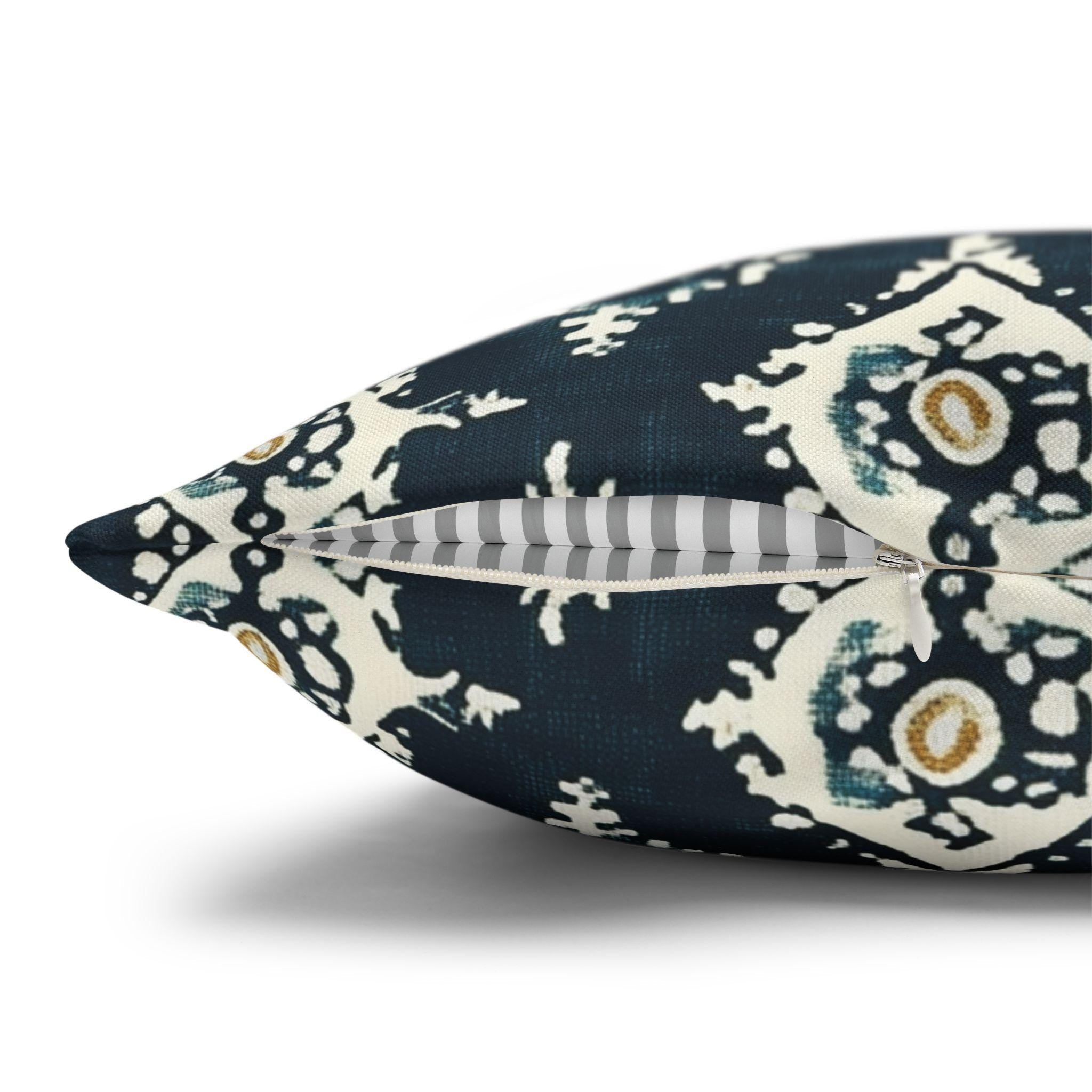 Traditional Ikat Style Pillow Cover | Dark Blue, White, Mustard Yellow | Geometric Design