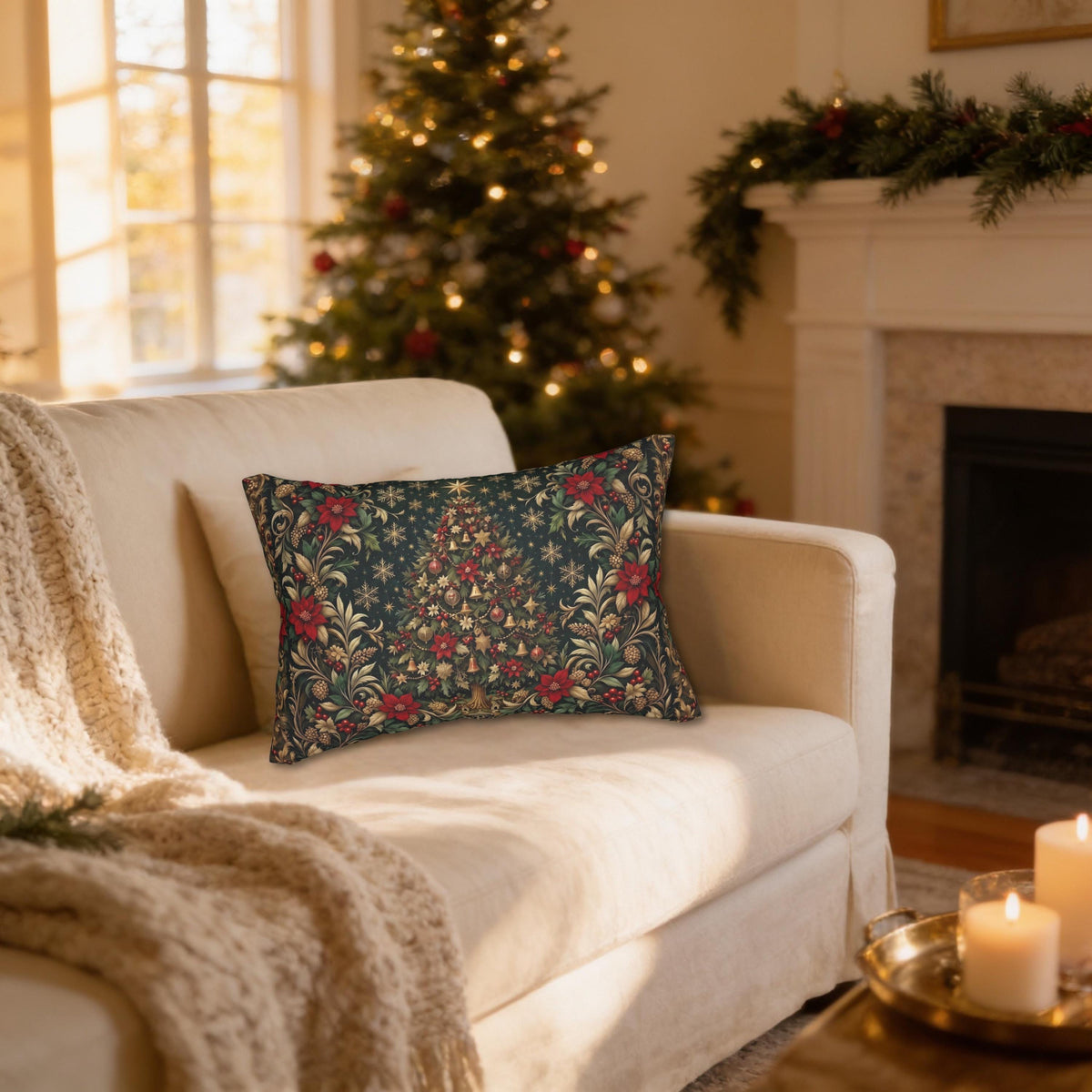 William Morris Christmas Lumbar Pillow: Vintage Style Emerald Green Poinsettia, Golden Snowflake