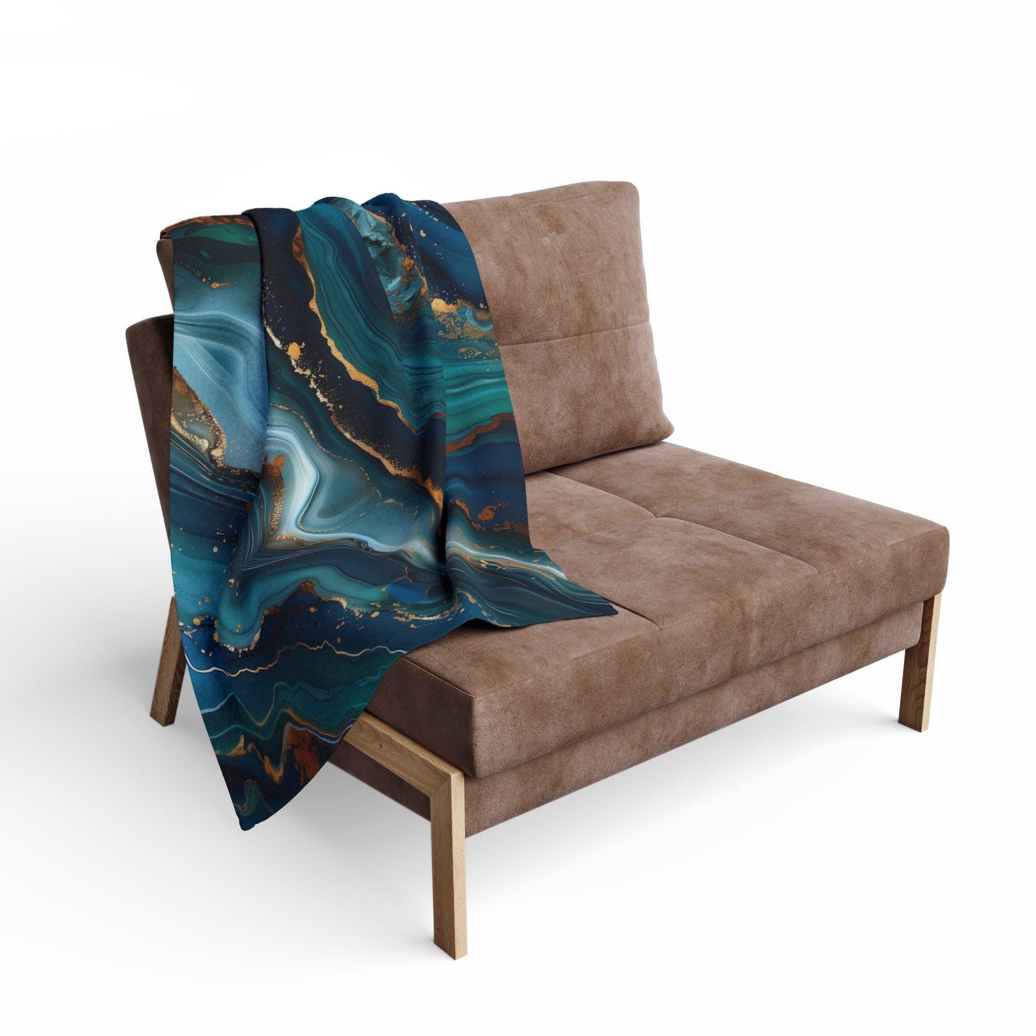 Ocean Waves Fleece Throw: Teal Navy & Gold Accent Blanket