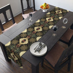 Festive Gold Snowflake Table Runner: Elegant Christmas Dining Decor in Green, Charcoal & Red