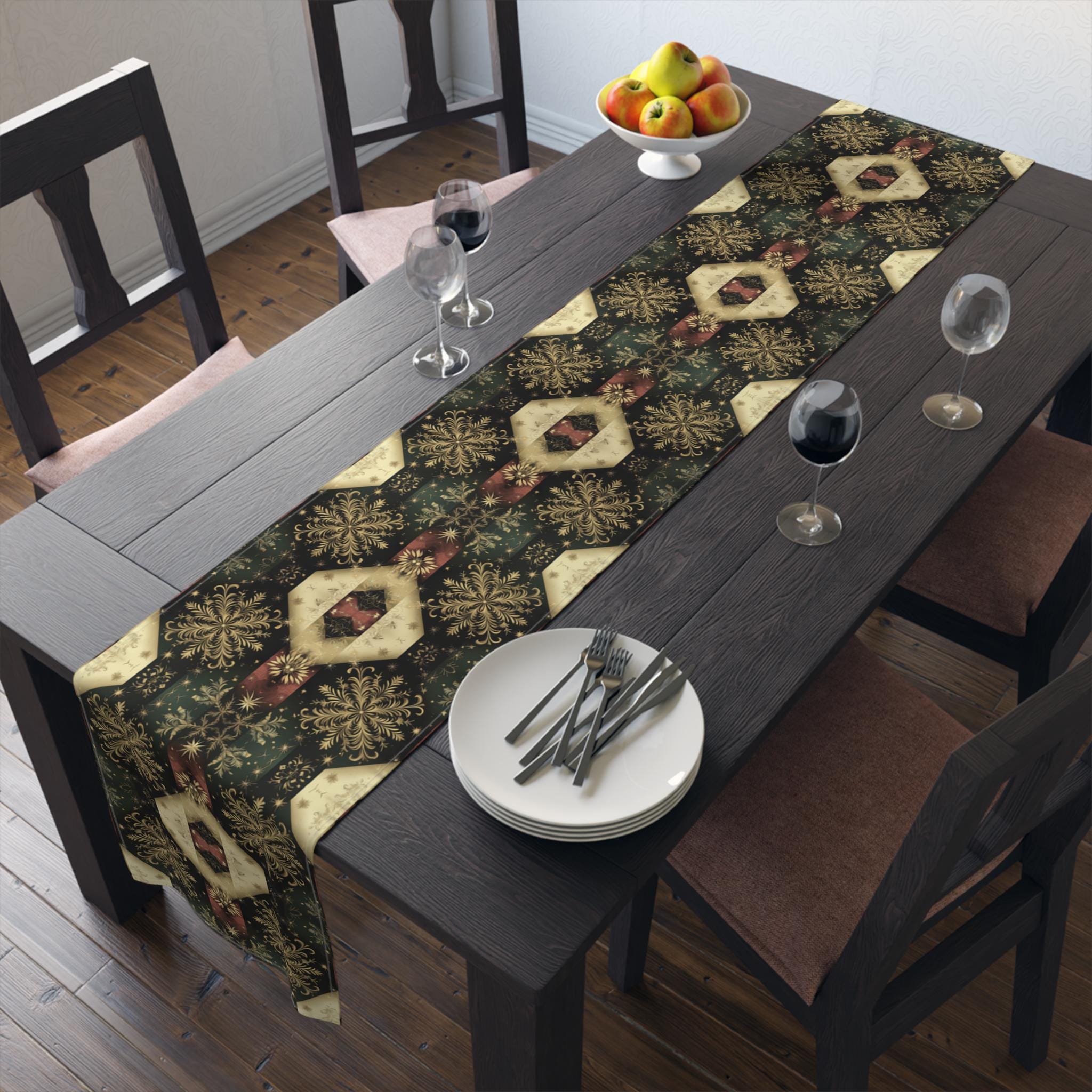 Festive Gold Snowflake Table Runner: Elegant Christmas Dining Decor in Green, Charcoal & Red