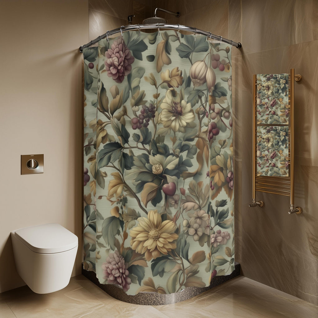 William Morris Inspired Fall Botanical Shower Curtain: Sage Mint, Wine, Wheat