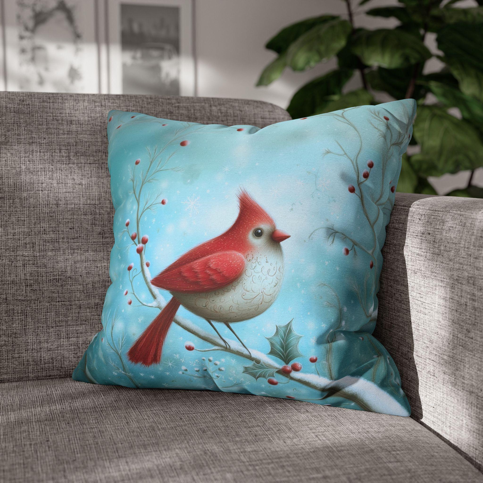 Winter Cardinal Throw Pillow Cover: Frosty Blue Holiday Bird Accent