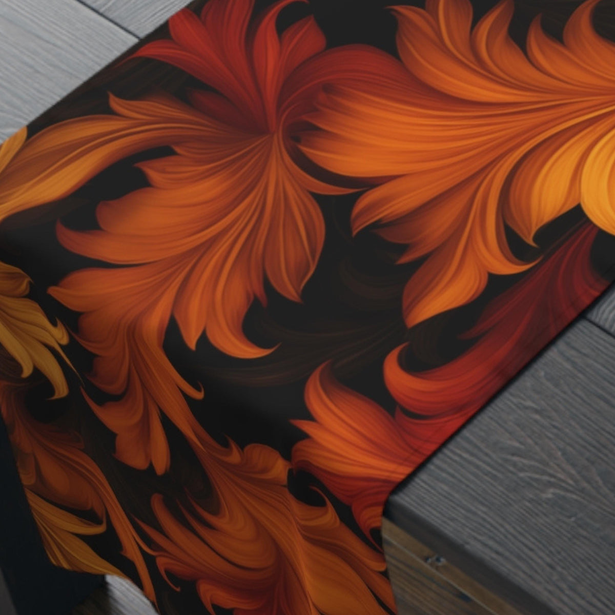 Art Nouveau Fall Table Runner: Ember Orange Acanthus Leaves, Modern Autumn Decor