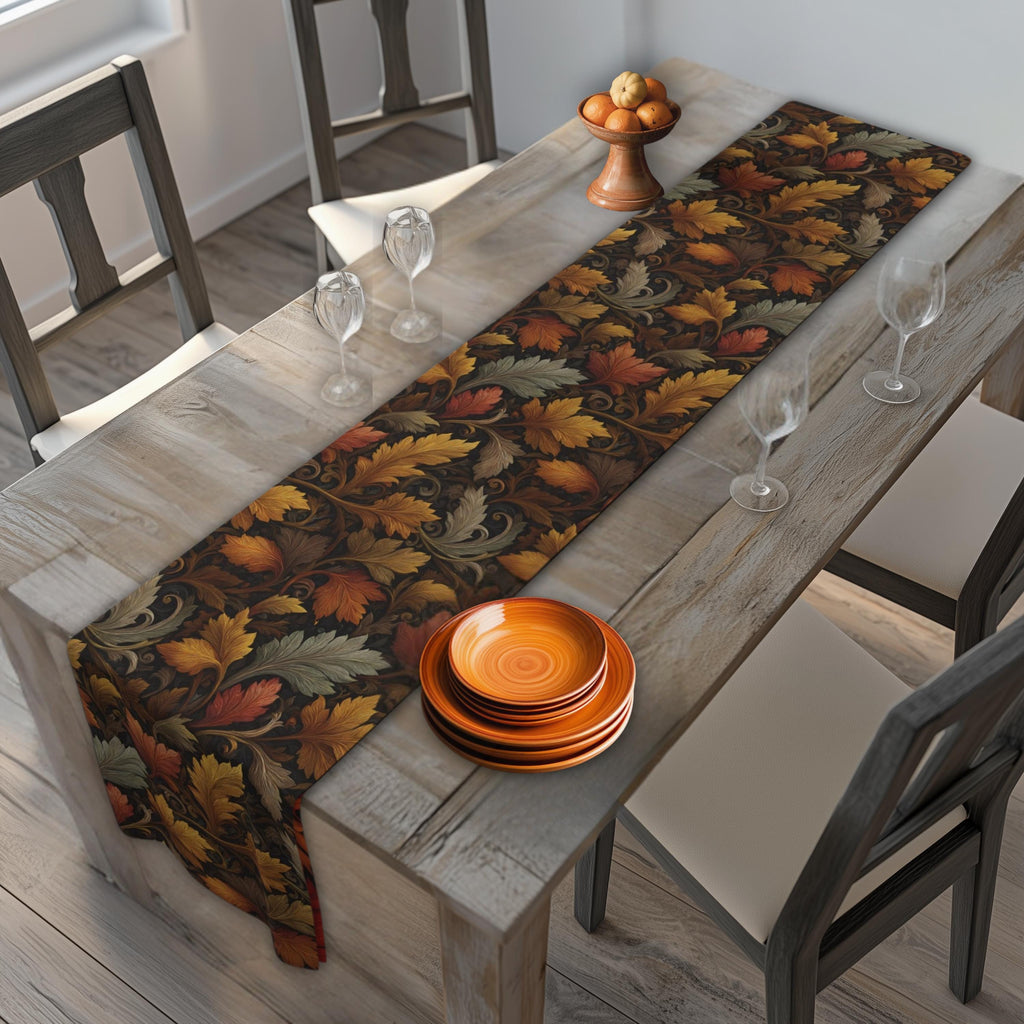 Fall Table Runner: Autumn Leaves Stylized Earth Tone Design for Dining Decor