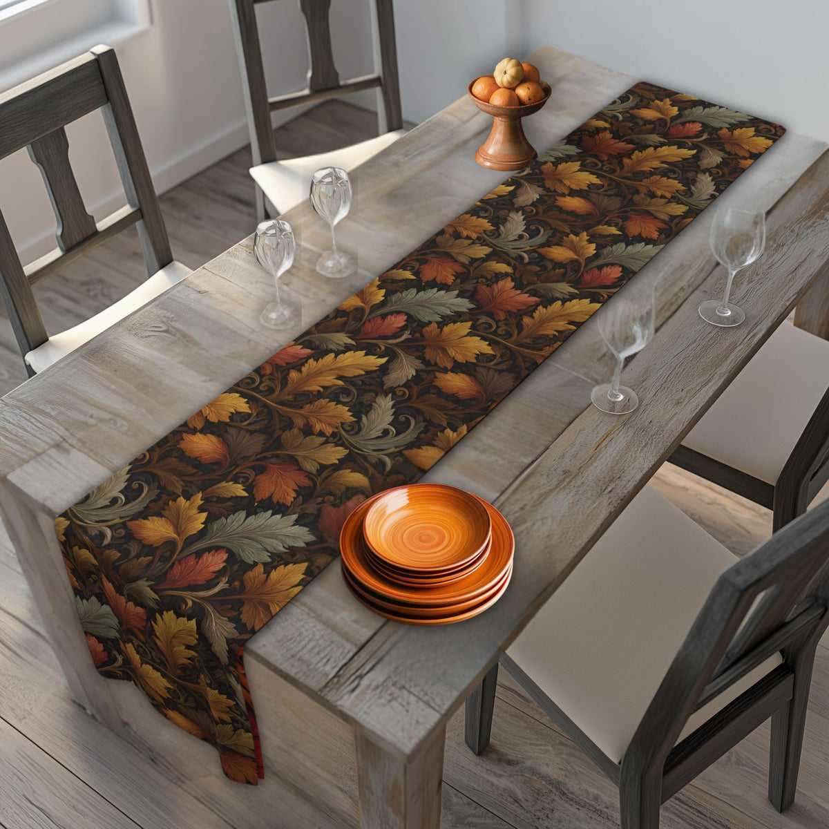Fall Table Runner: Autumn Leaves Stylized Earth Tone Design for Dining Decor