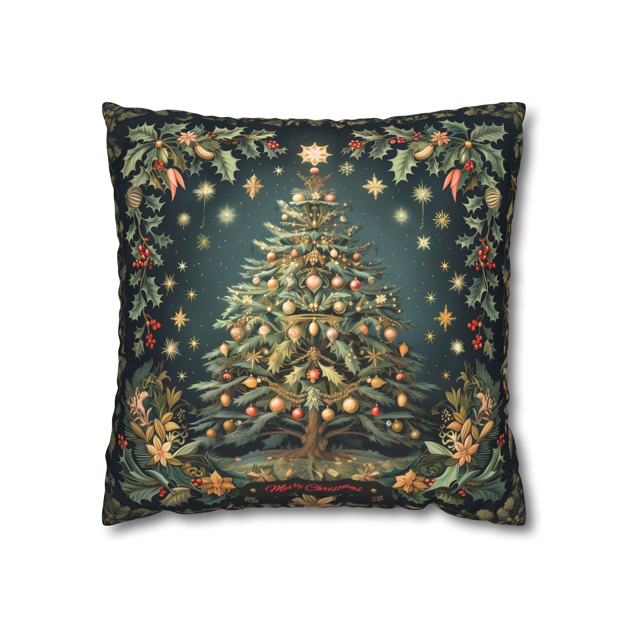 William Morris Merry Christmas 2024 Euro Sham, Gold Red Ornaments on Forest Green and Holly 24x24 & 26x26 inch sizes available
