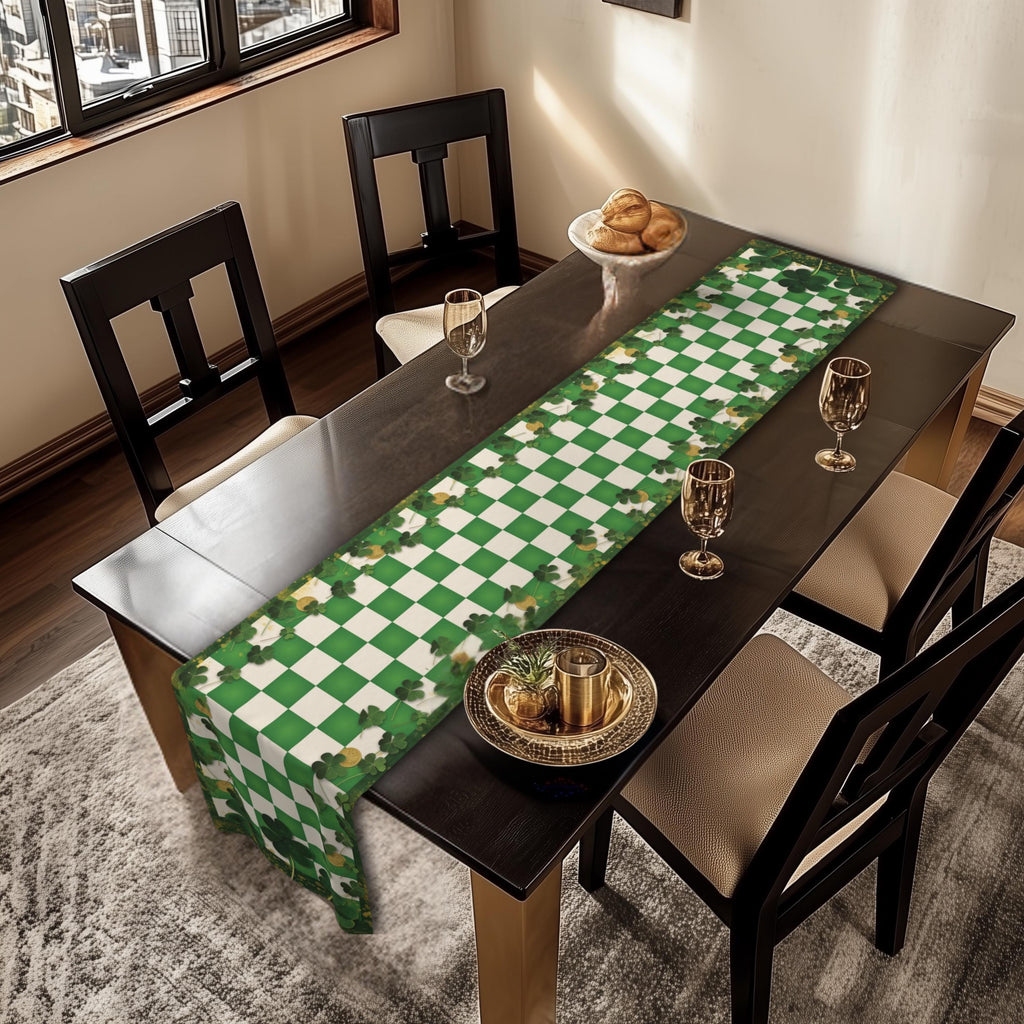 St Patricks Day Shamrock & Gold Coin Checkered Table Runner