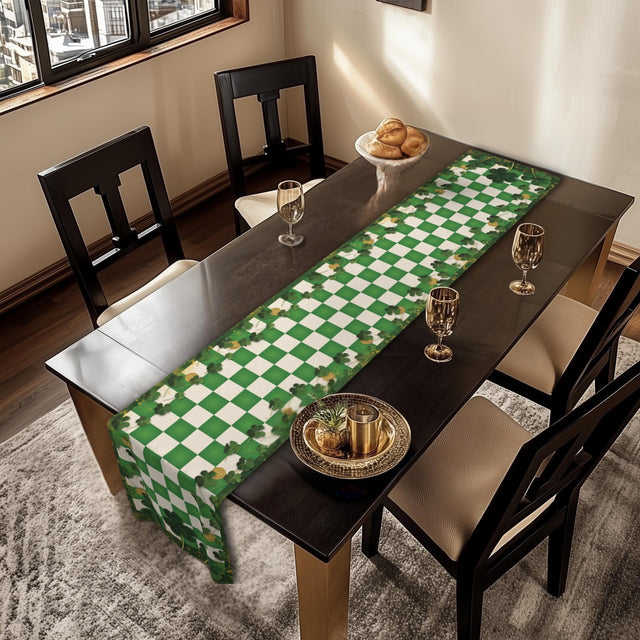 St Patricks Day Shamrock & Gold Coin Checkered Table Runner