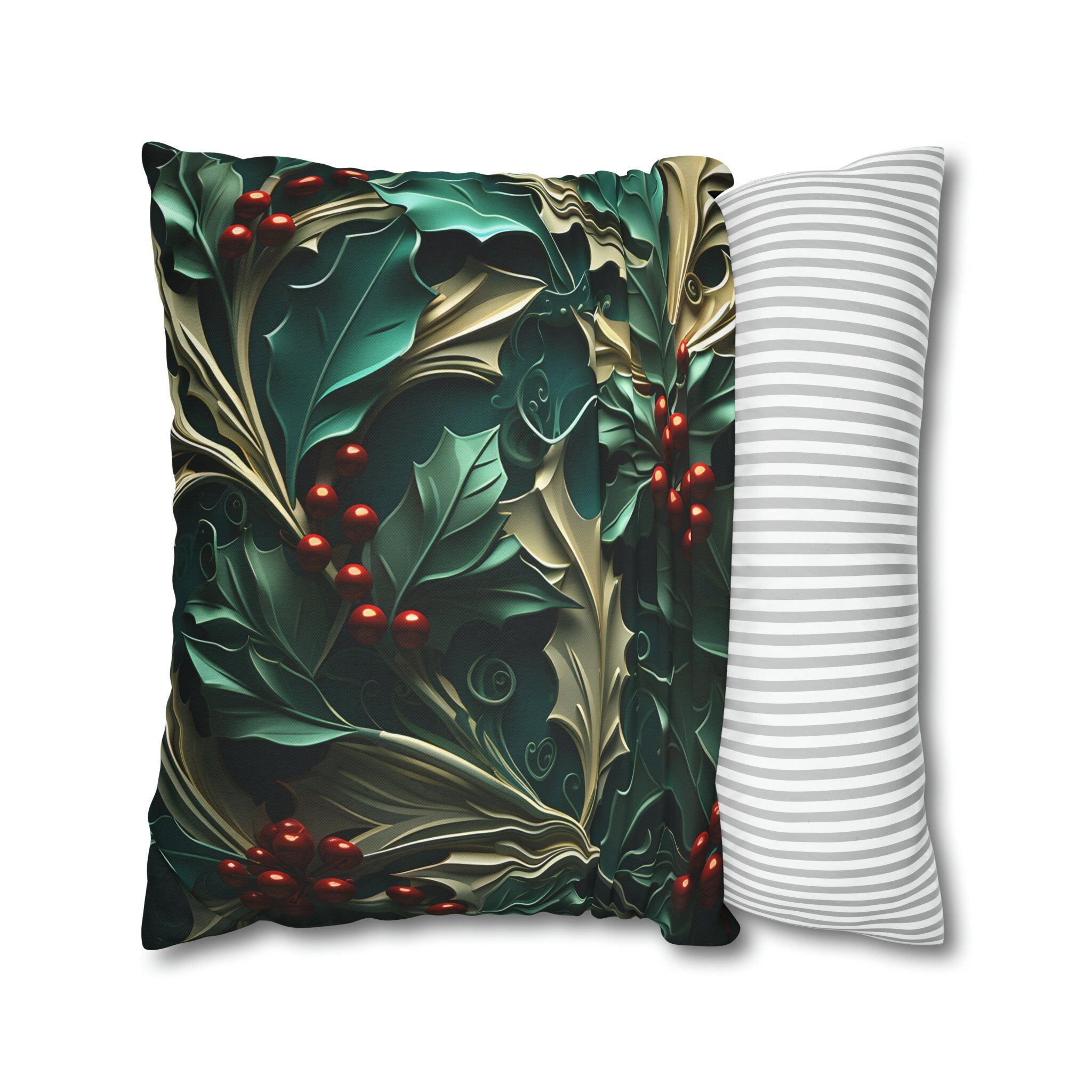 Holly Berry Christmas Pillow Cover: Deep Green & Red Holiday Decor