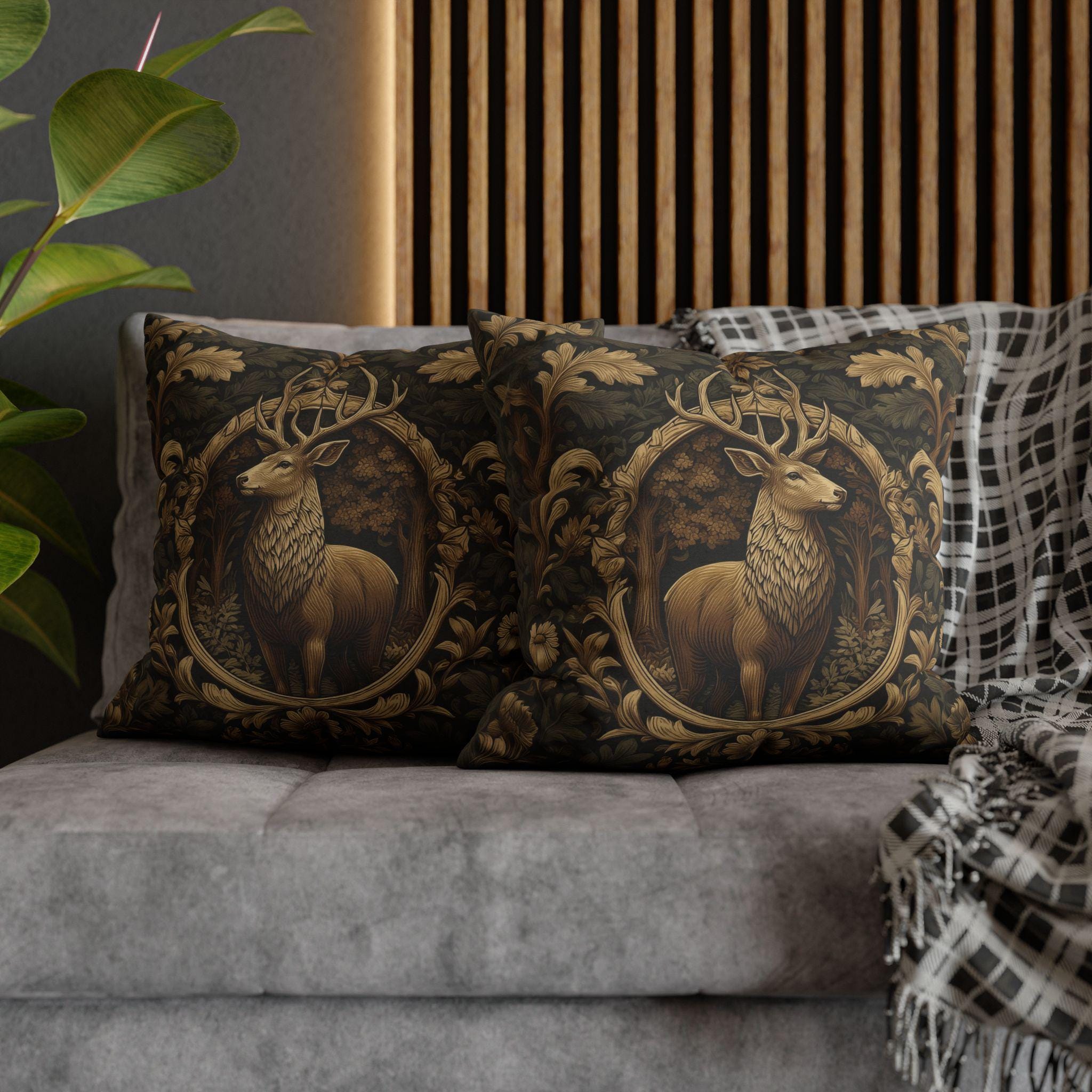 William Morris Inspired Noble Stag Pillow Cover: Botanical Woodland Design